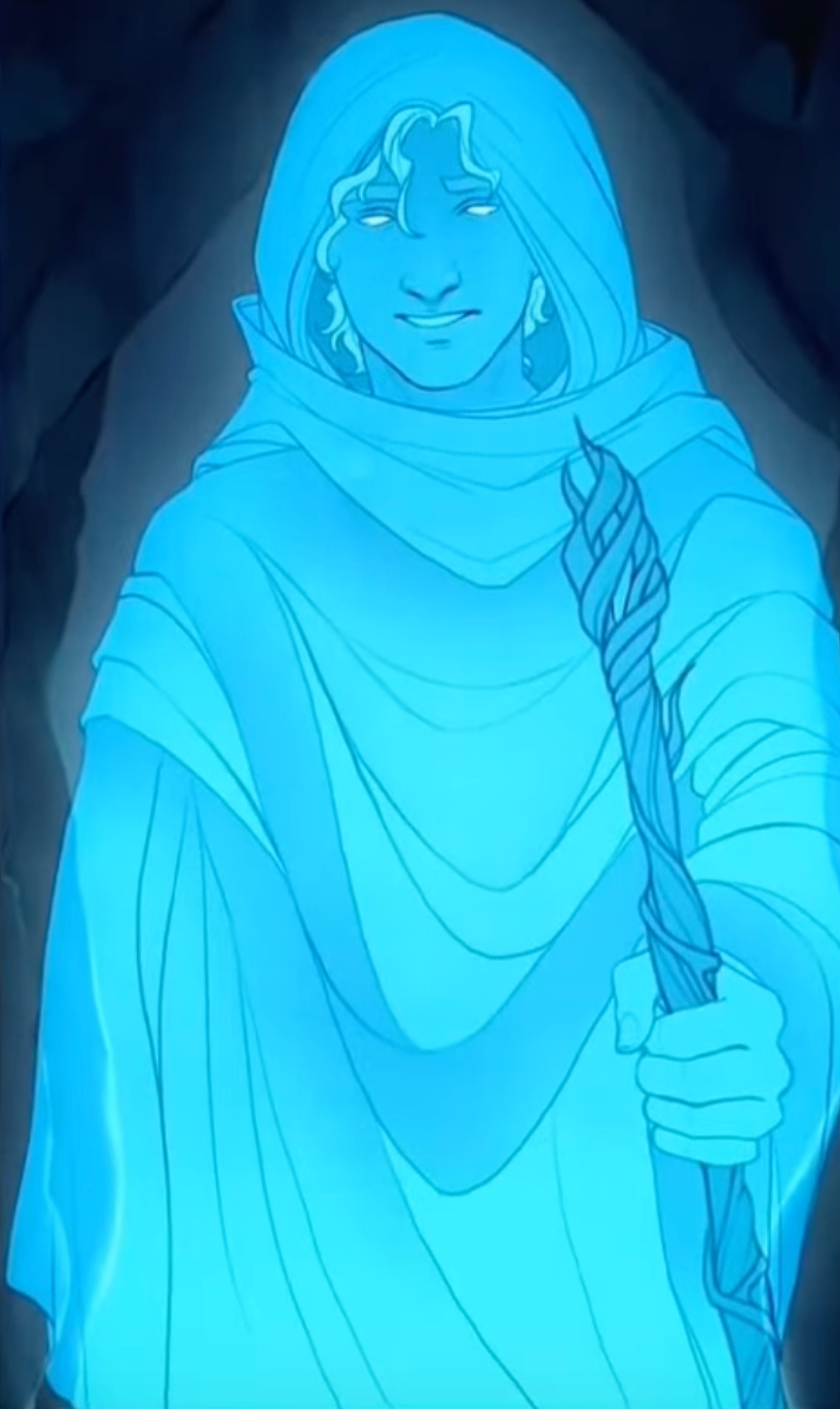 An illustration of the ancient Greek prophet Tiresias, a hooded elderly figure with a long beard holding a staff.