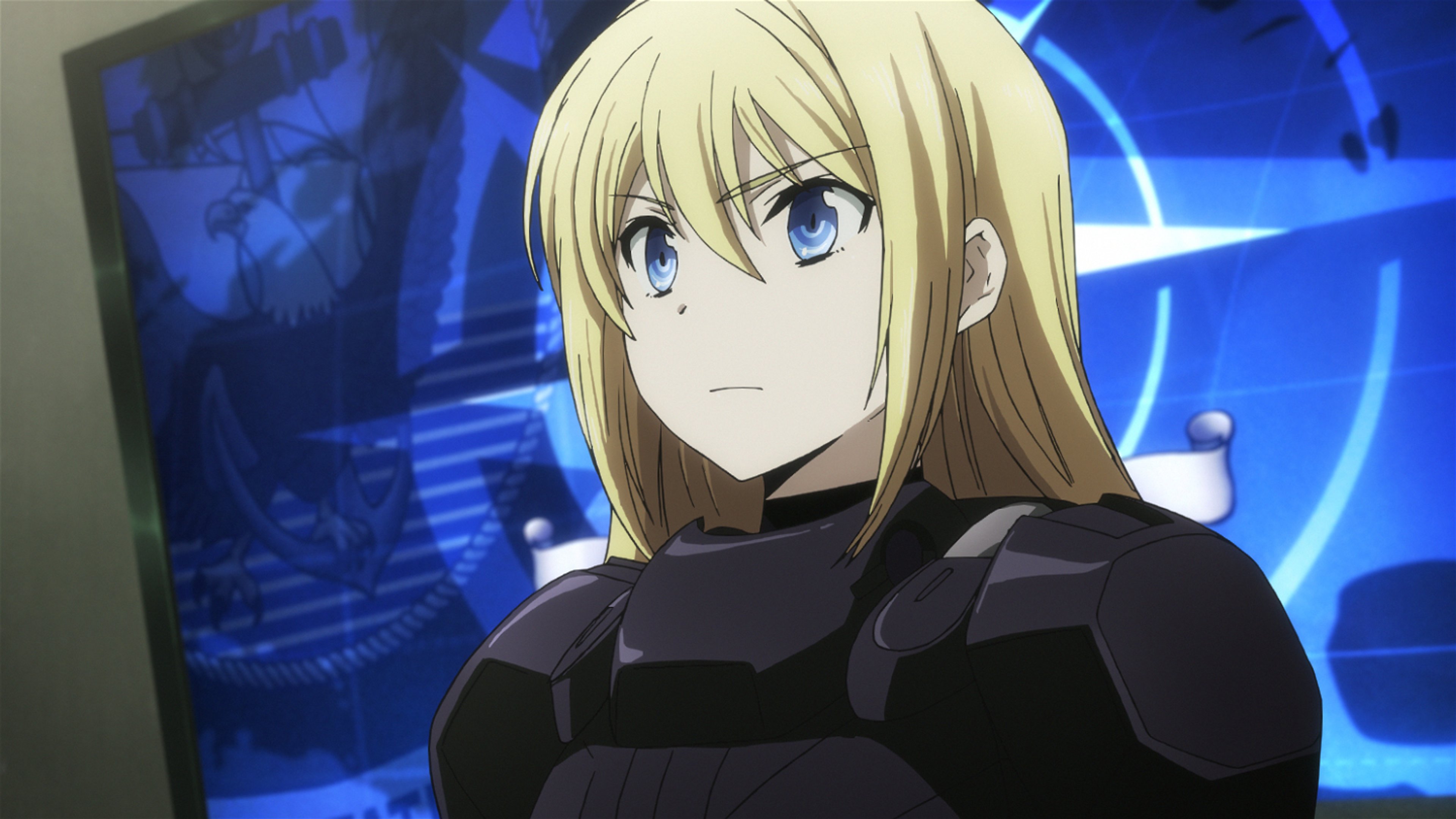 A young woman with blonde hair and blue eyes wearing a black military-style uniform