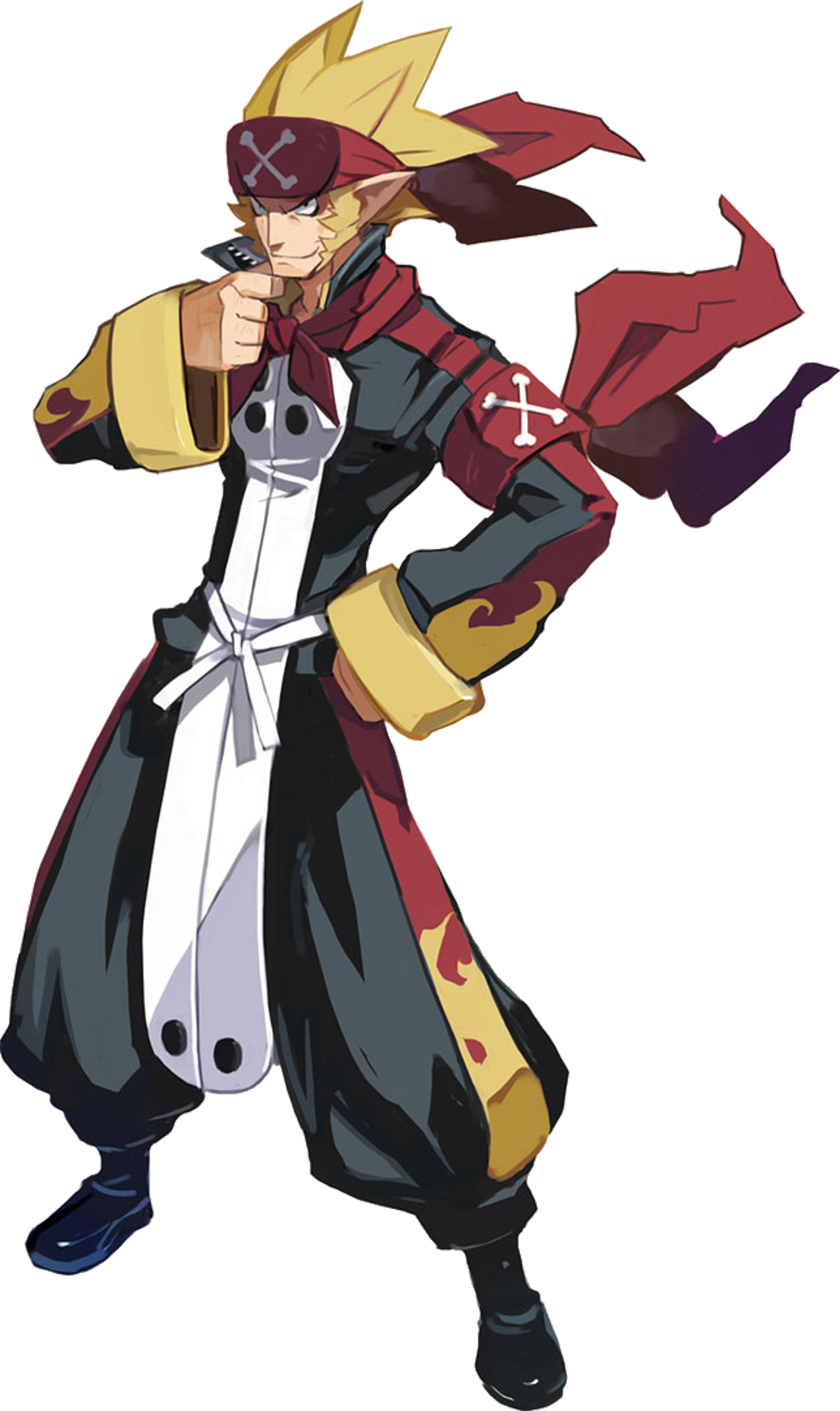 An anime-style character with spiky blonde hair, wearing a black and red outfit and holding a sword or weapon.