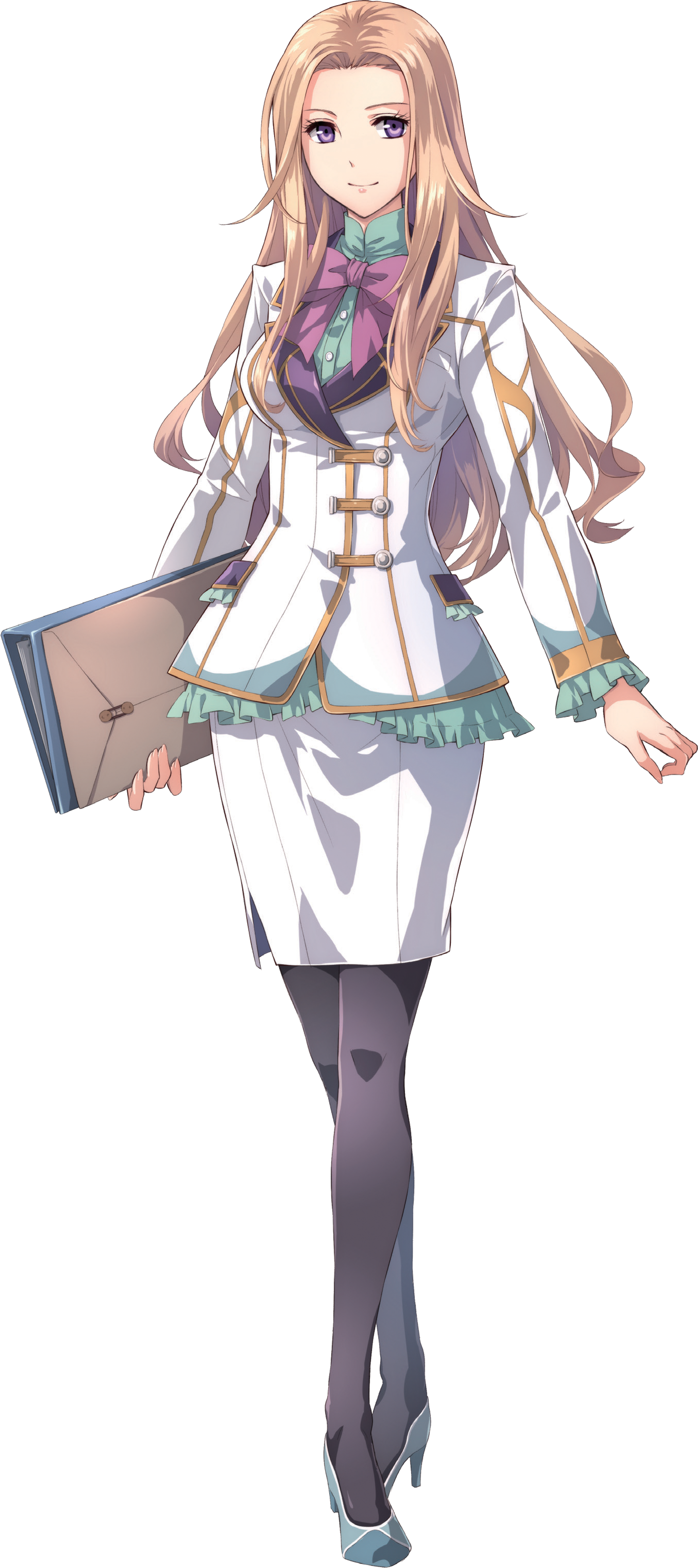 A young woman with long blonde hair and lilac eyes wearing a white and gold outfit