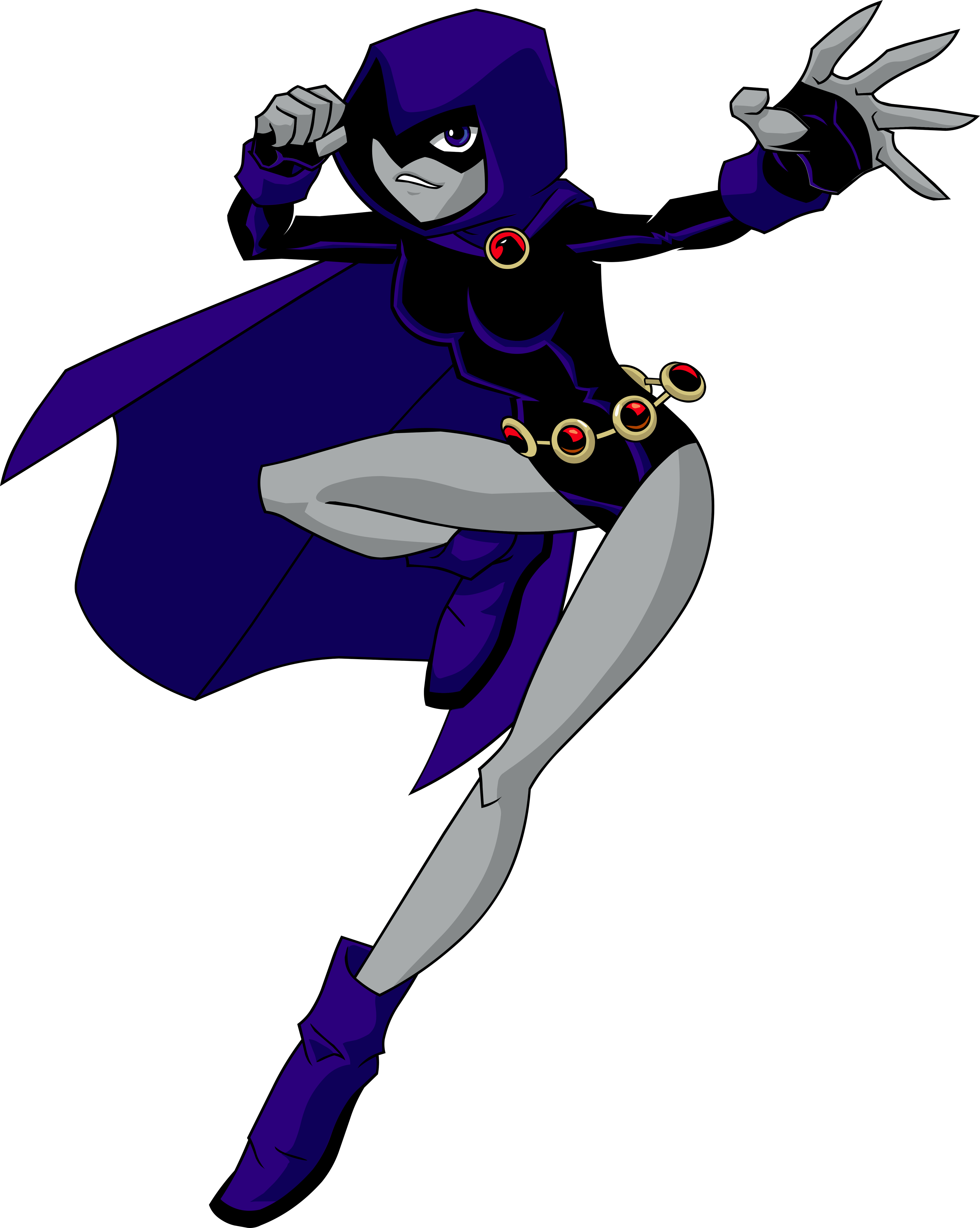 A female superhero character with purple skin and a dark blue cloak, in a fighting pose.