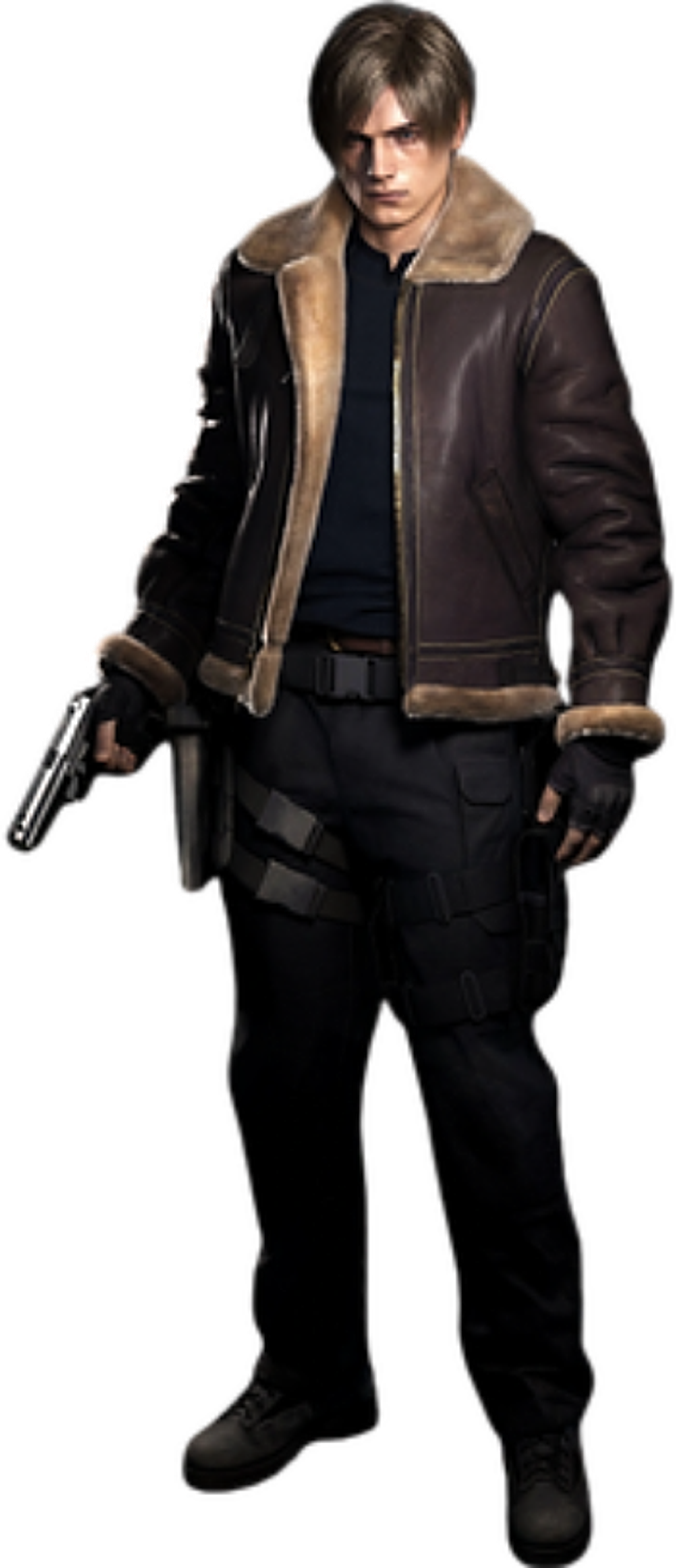 A man in a leather jacket holding a handgun