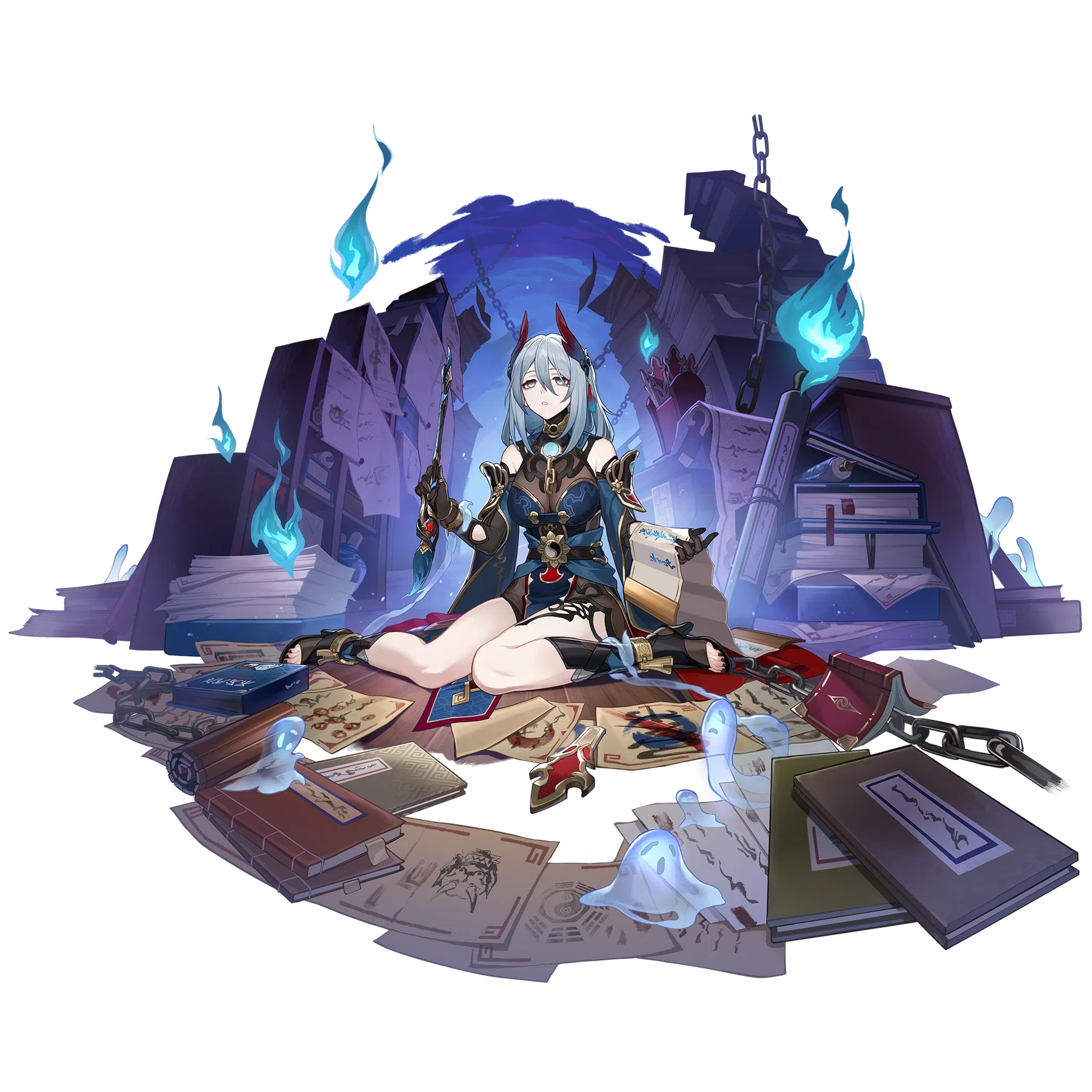 A female character with white hair and blue eyes, wearing a dark outfit and sitting on the ground surrounded by various objects.