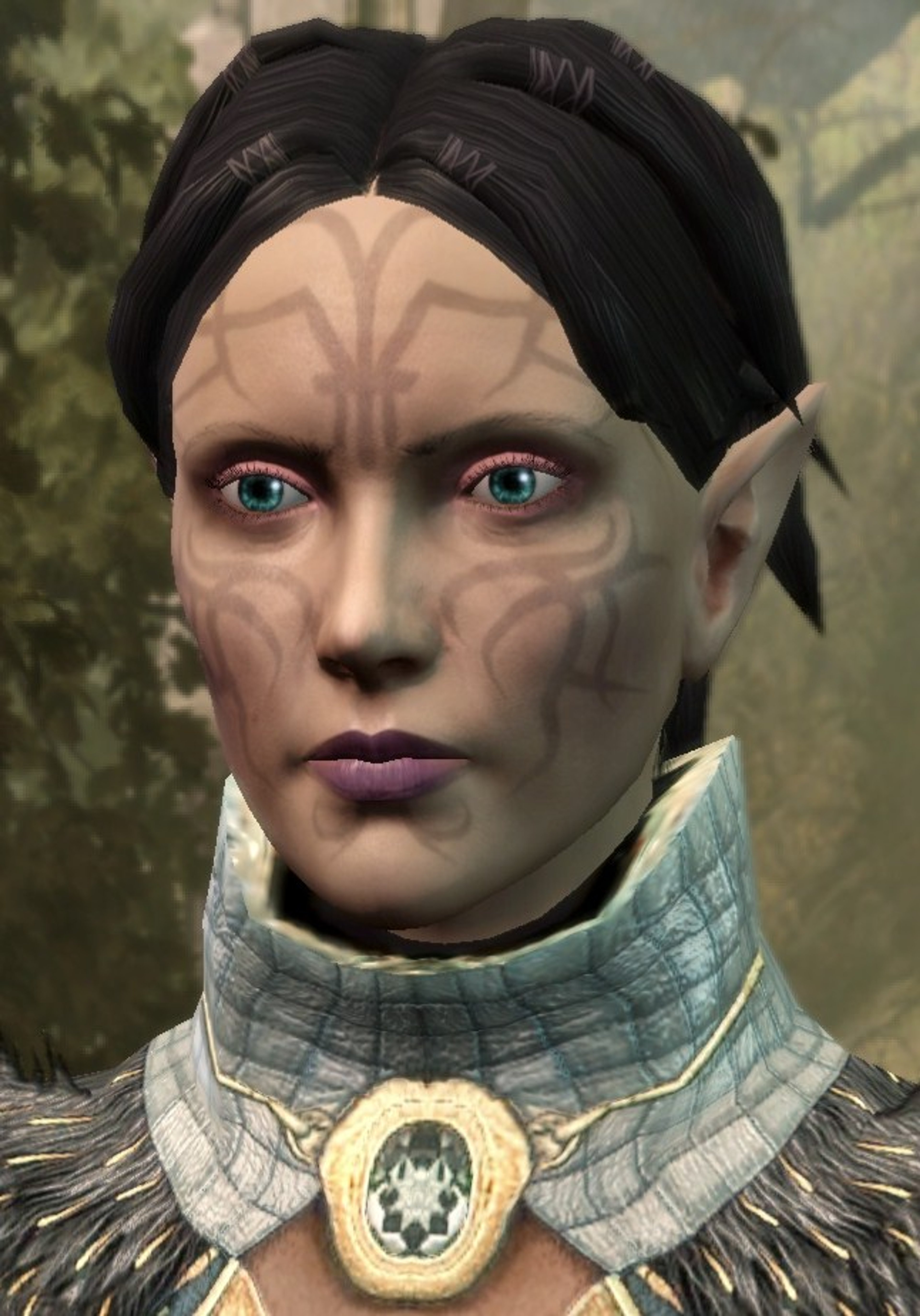 A female elf character with distinctive facial features and a serious expression, wearing a gray and blue outfit with ornate jewelry.