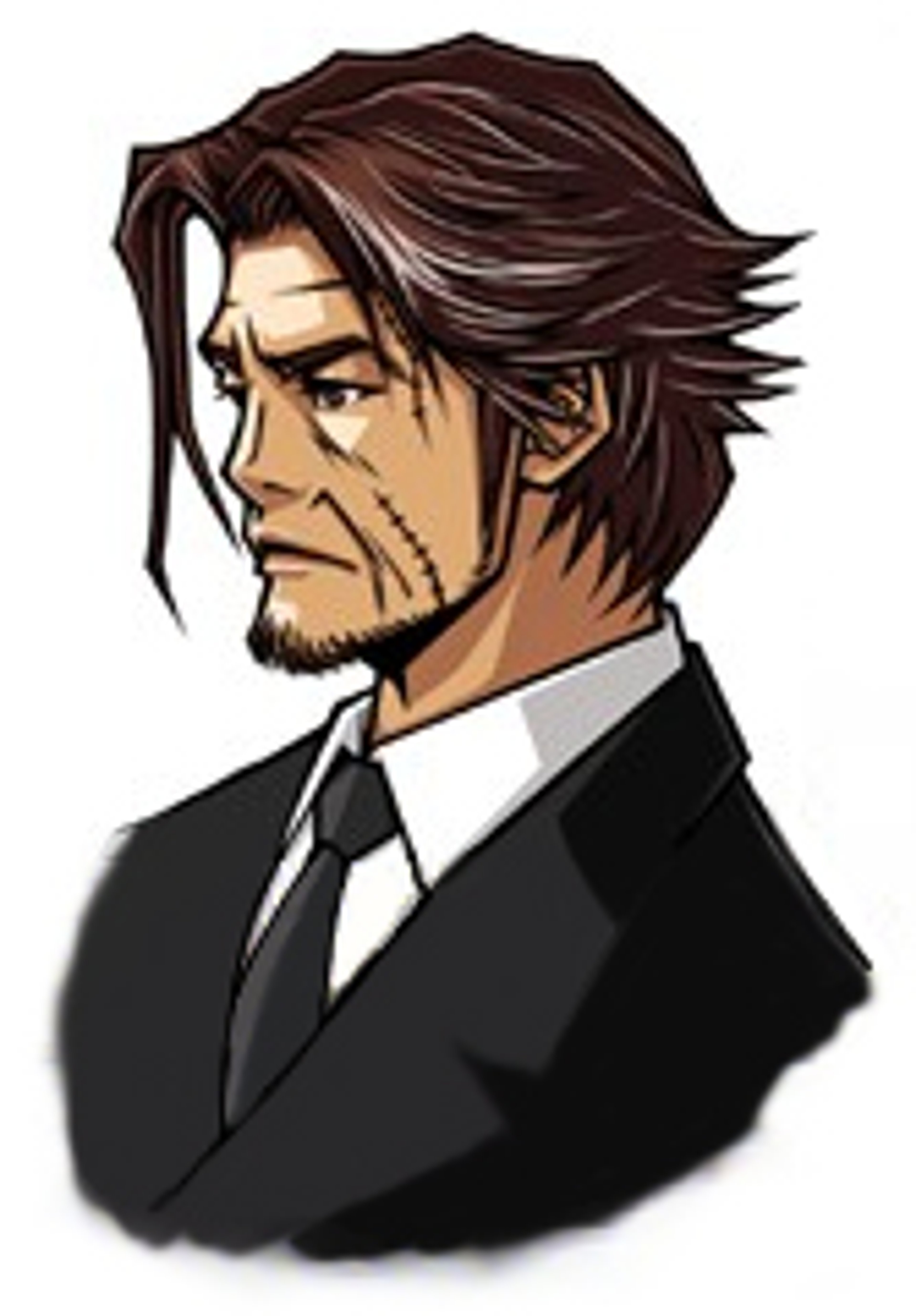 A middle-aged man with a scar on his cheek and a prosthetic arm, wearing a suit and tie