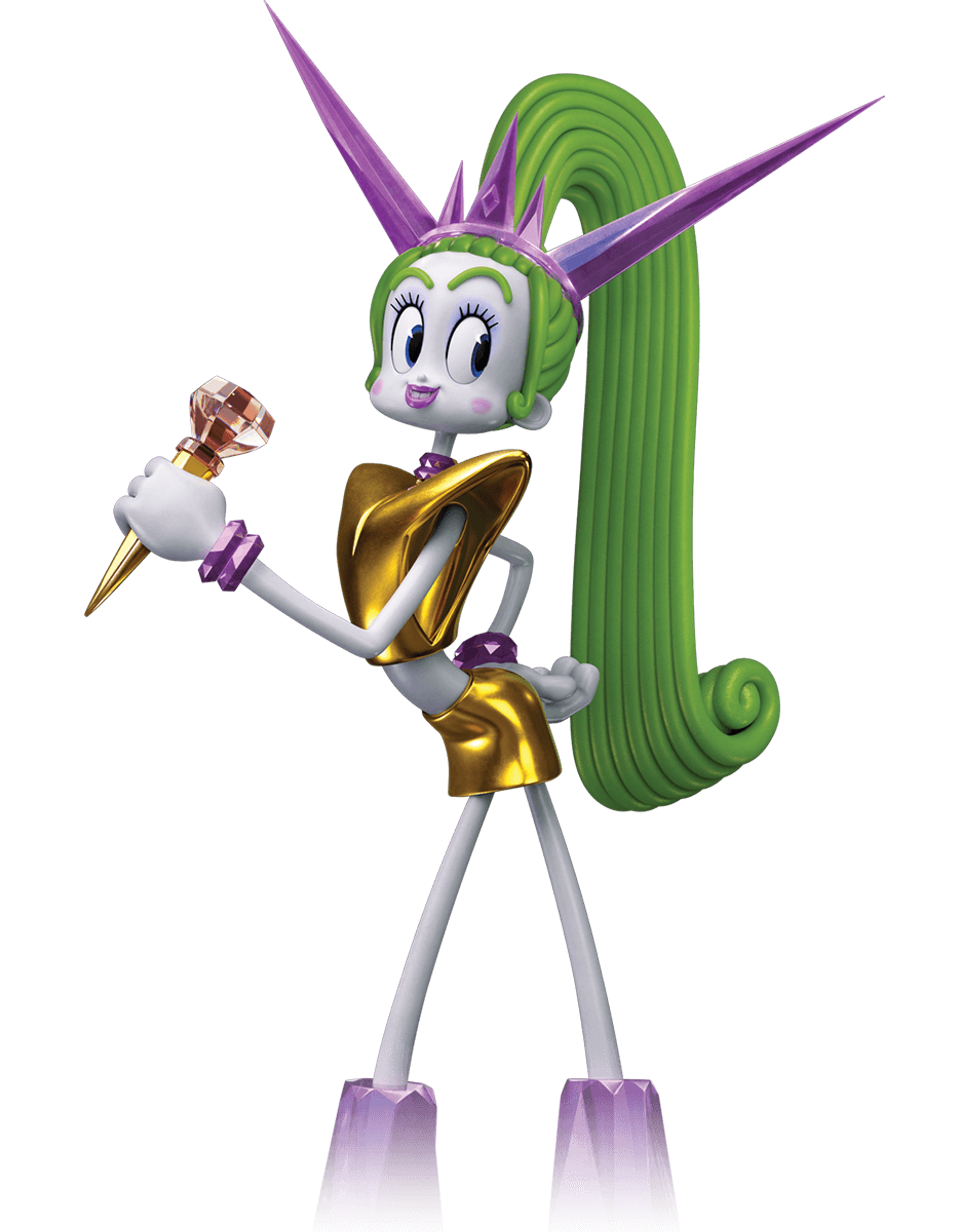 A detailed illustration of the character Velvet, a tall, slender, doll-like humanoid with green hair, blue eyes, and an elaborate gold and purple outfit.