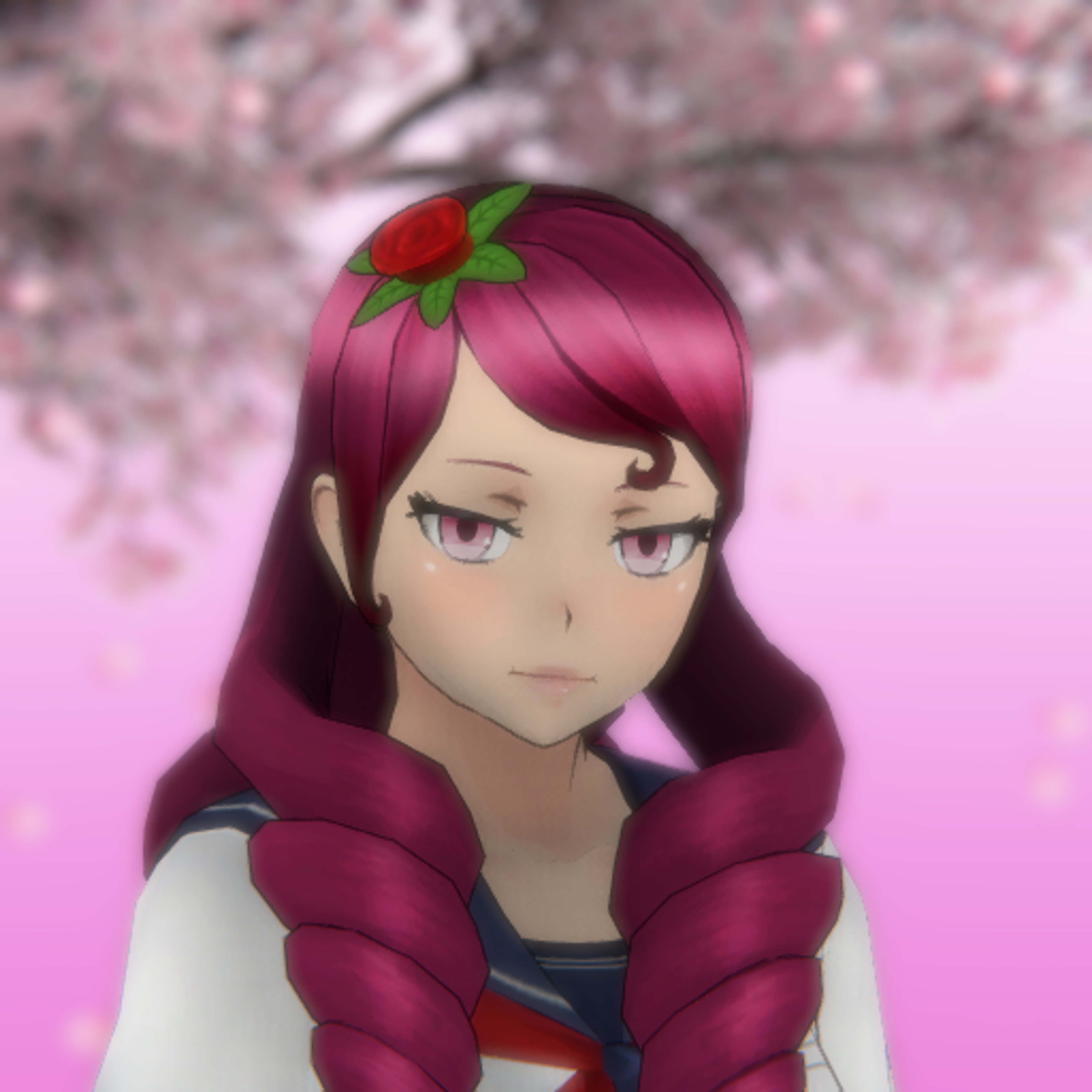 An anime-style character with reddish-pink hair in four spiral curls, wearing a school uniform with a red rose in her hair.