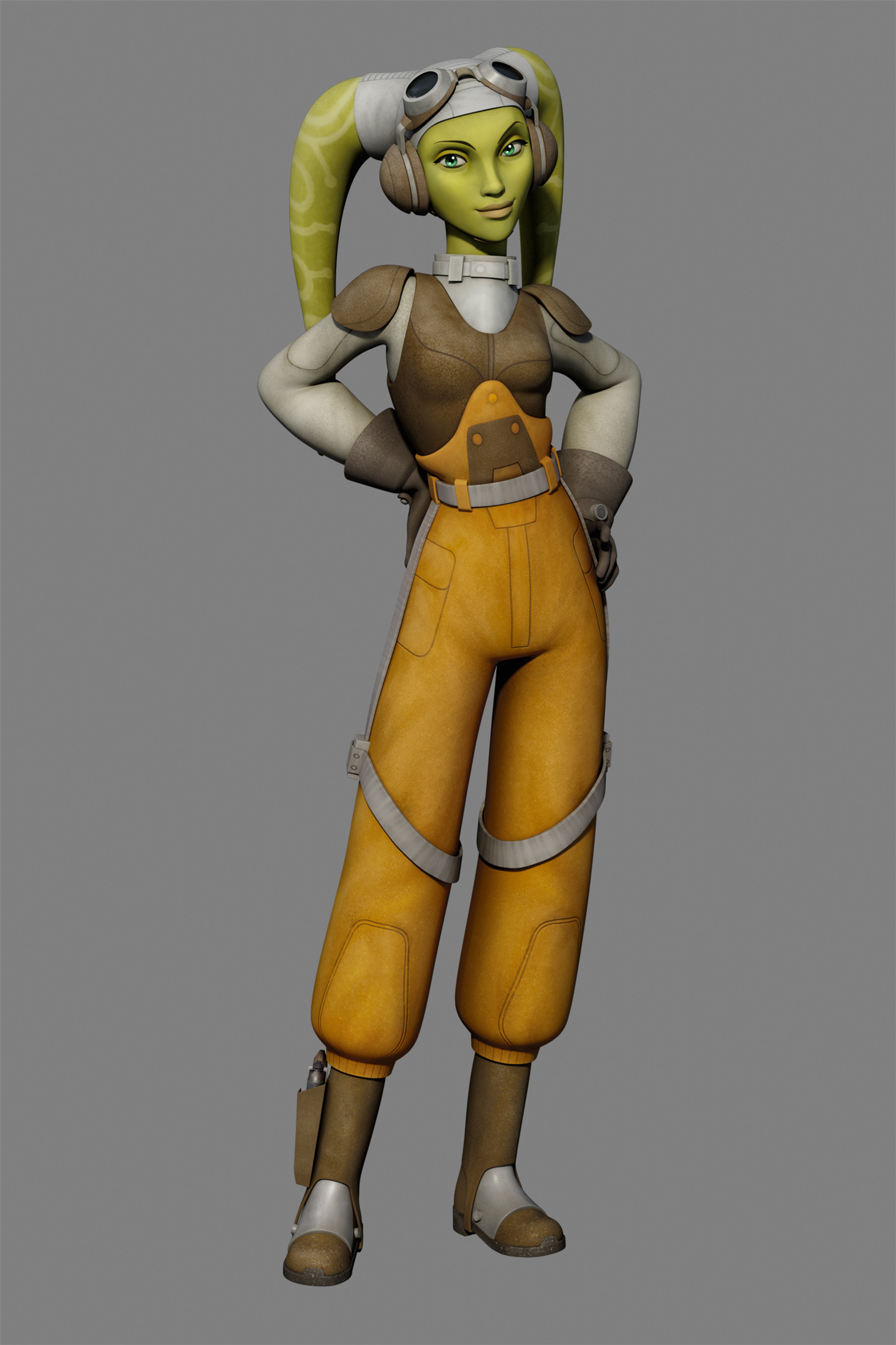 A Twi'lek female character in an orange flight suit and goggles, with a confident and determined expression.