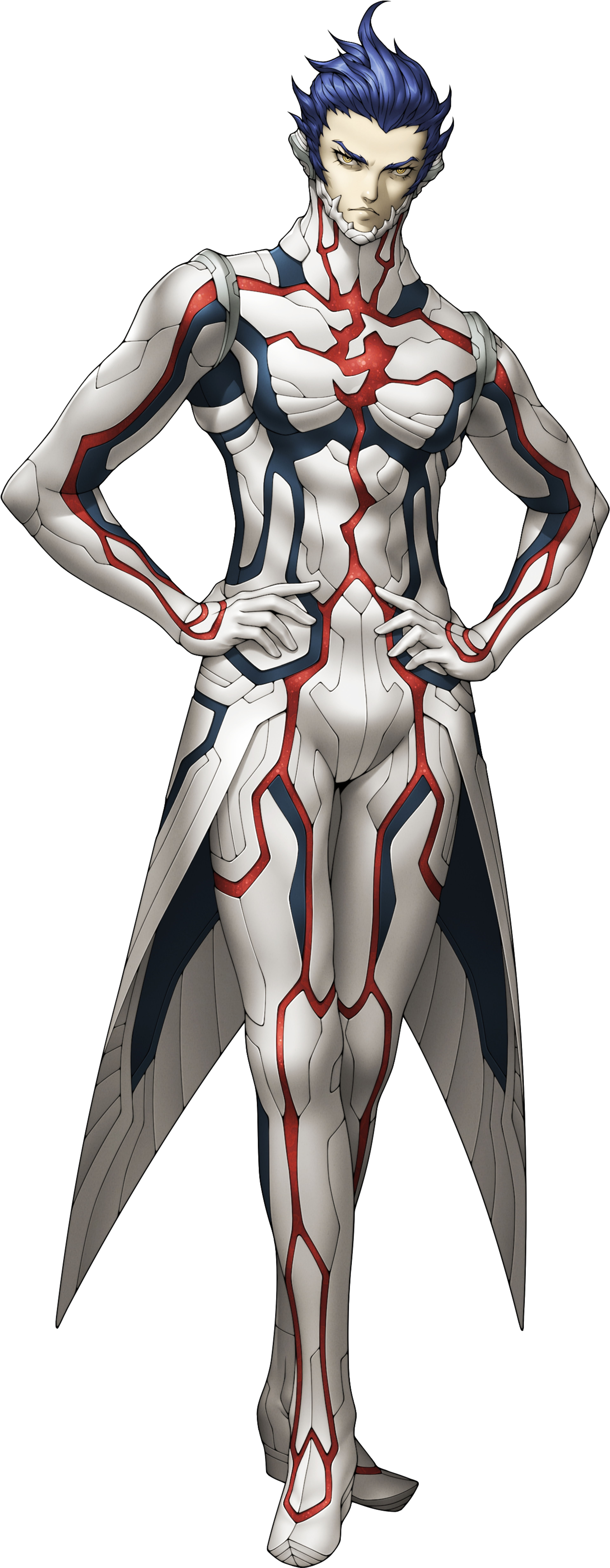 Blue-haired armored warrior character