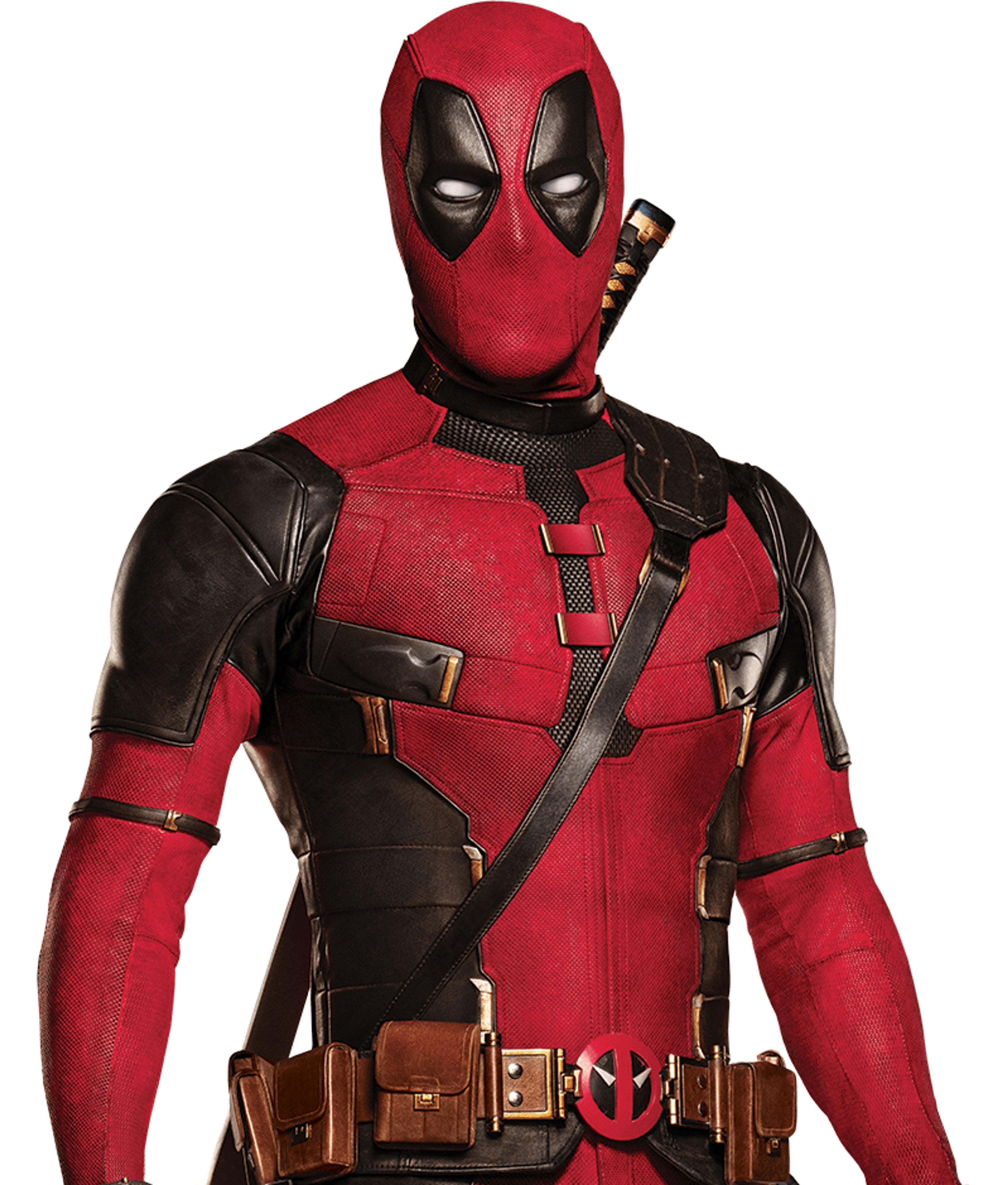 Deadpool, a Marvel superhero character, in his red and black tactical suit holding dual pistols.
