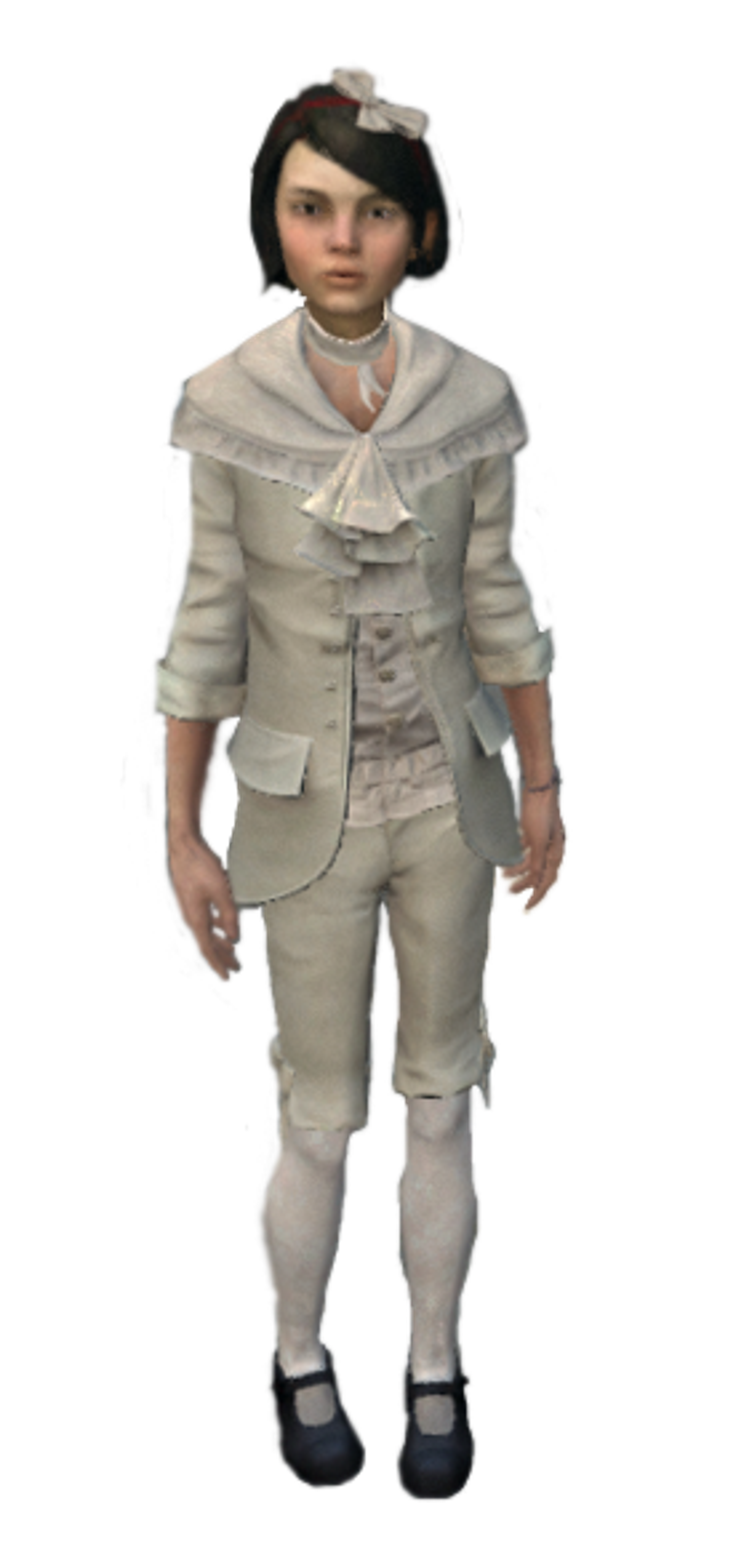 A young woman in a light-colored suit, identified as Emily Kaldwin from the Dishonored video game series.