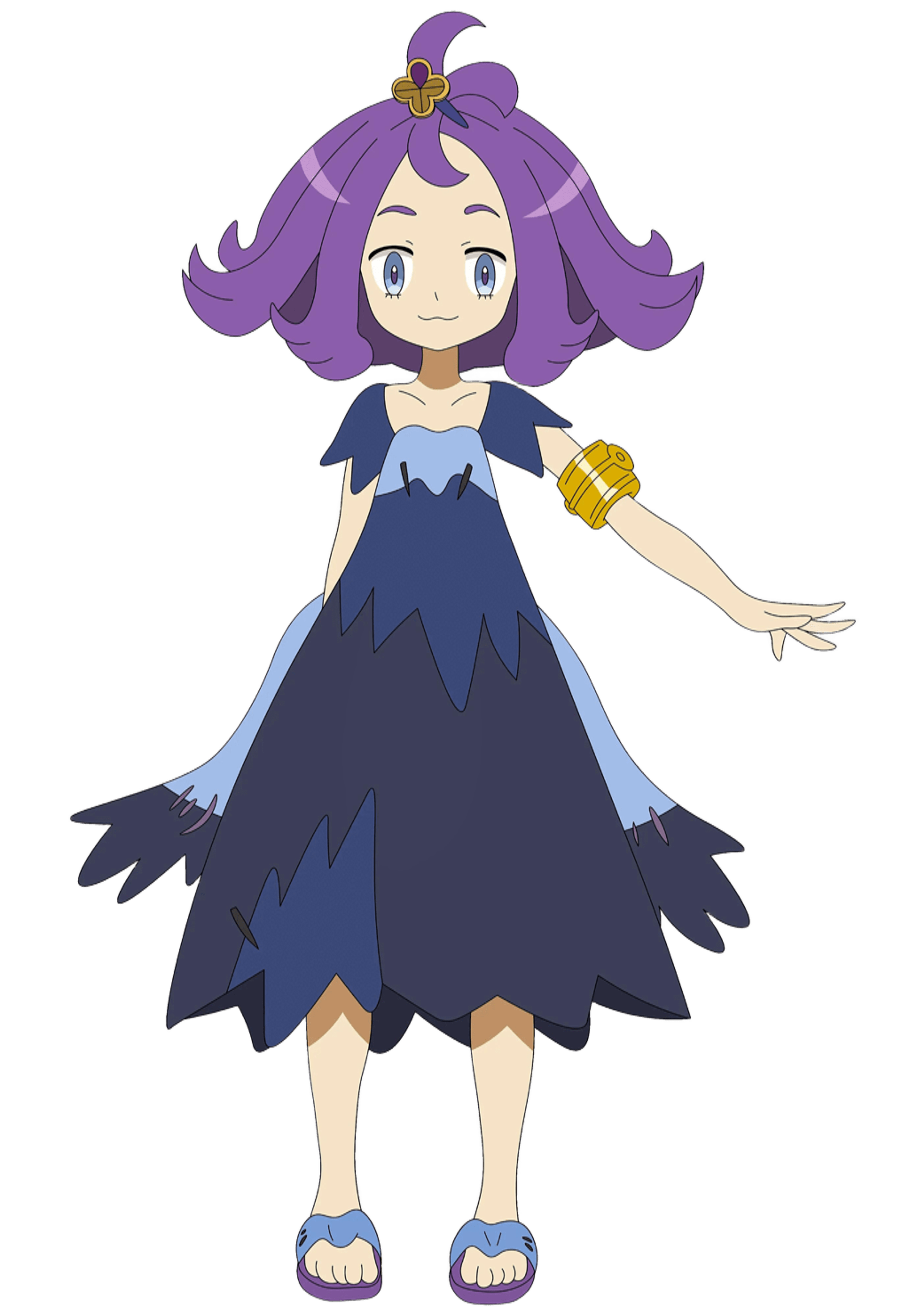 A young woman with purple hair and a blue dress, smiling cheerfully.