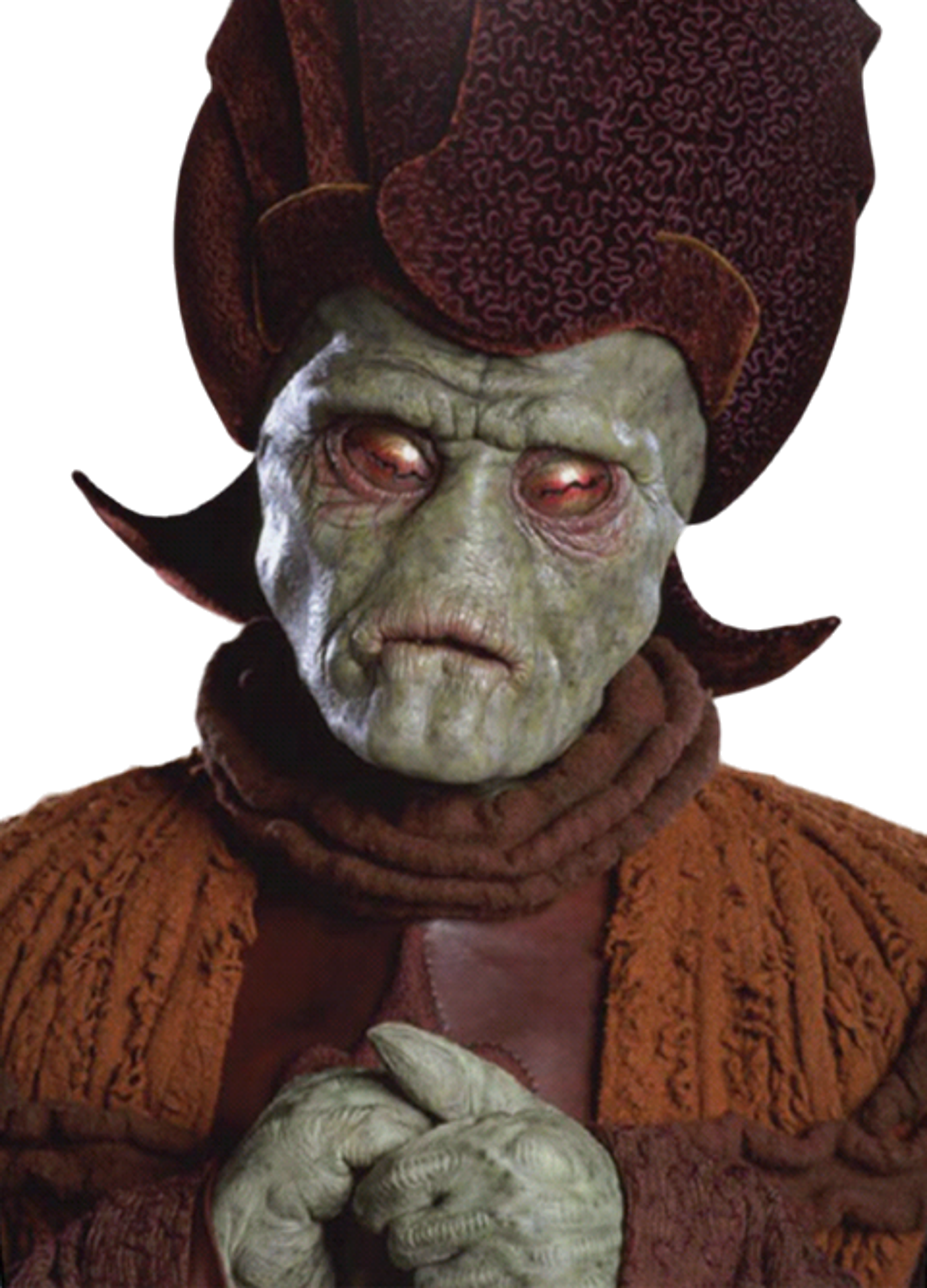 A green-skinned alien character with large eyes, a wrinkled face, and a prominent nose, wearing an ornate robe.