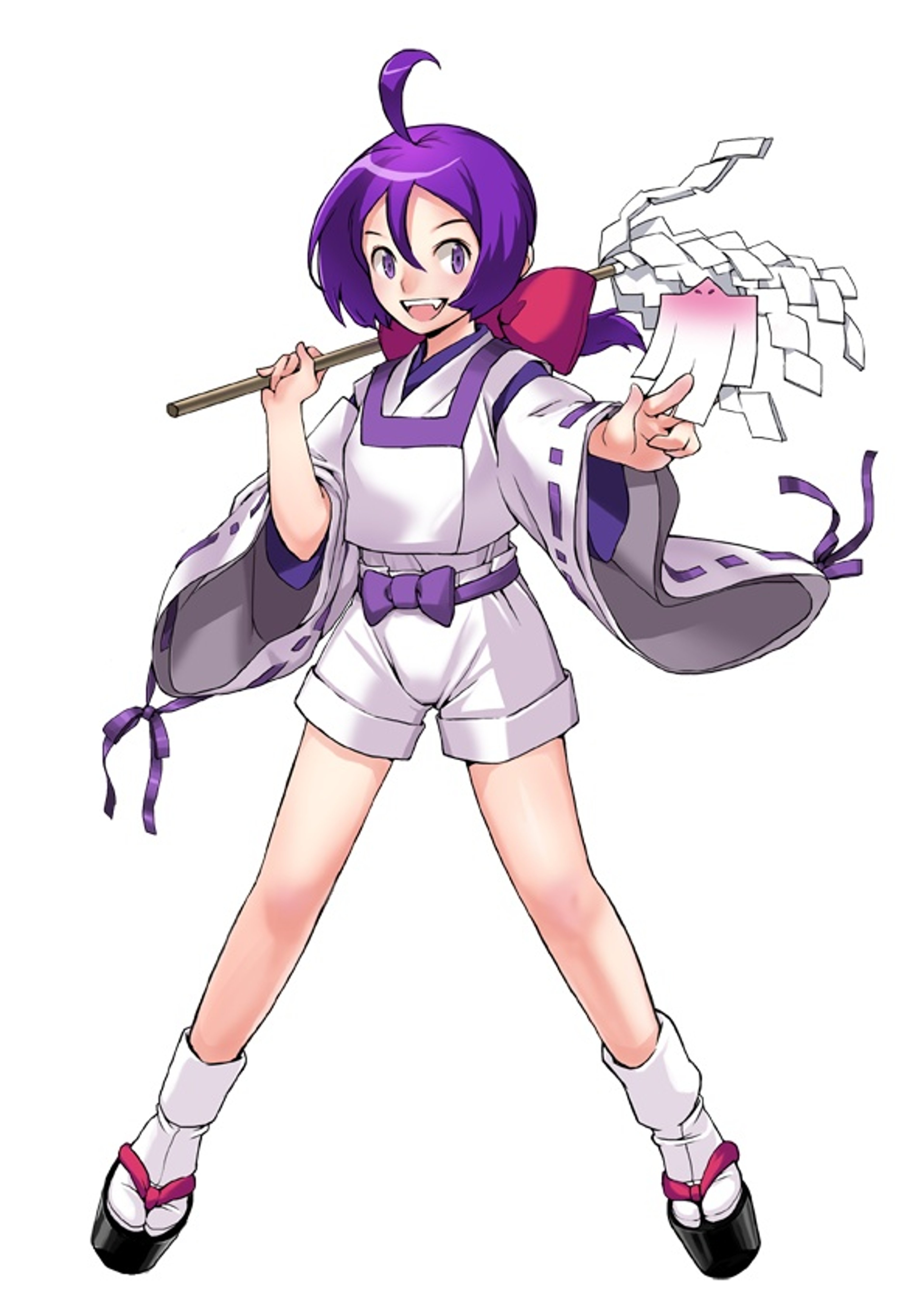 An anime-style illustration of a young female character with purple hair, wearing a white and purple outfit and holding a staff or pole.