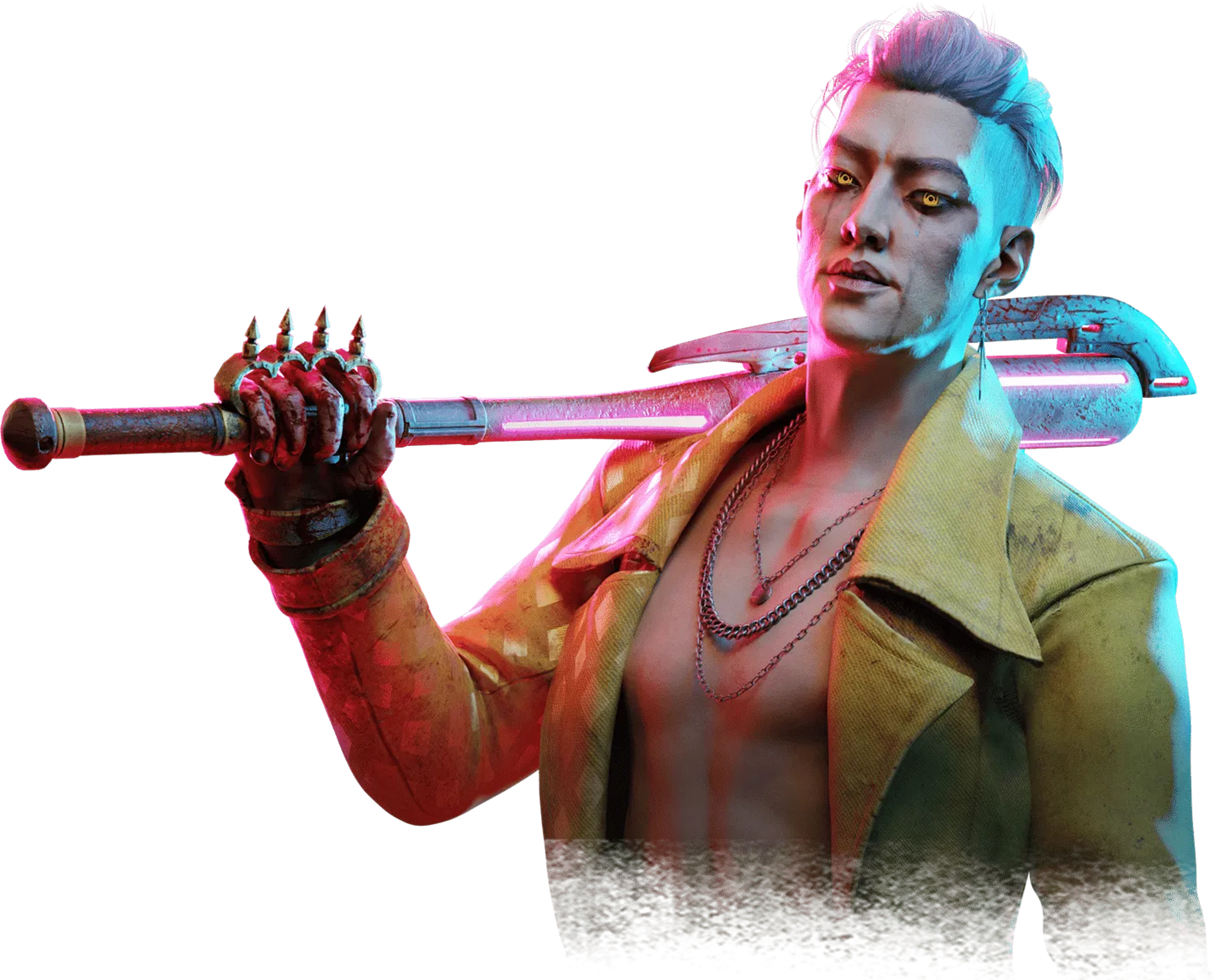 A muscular, shirtless male character with colorful hair holding a large bladed weapon in an intense, action-oriented pose.