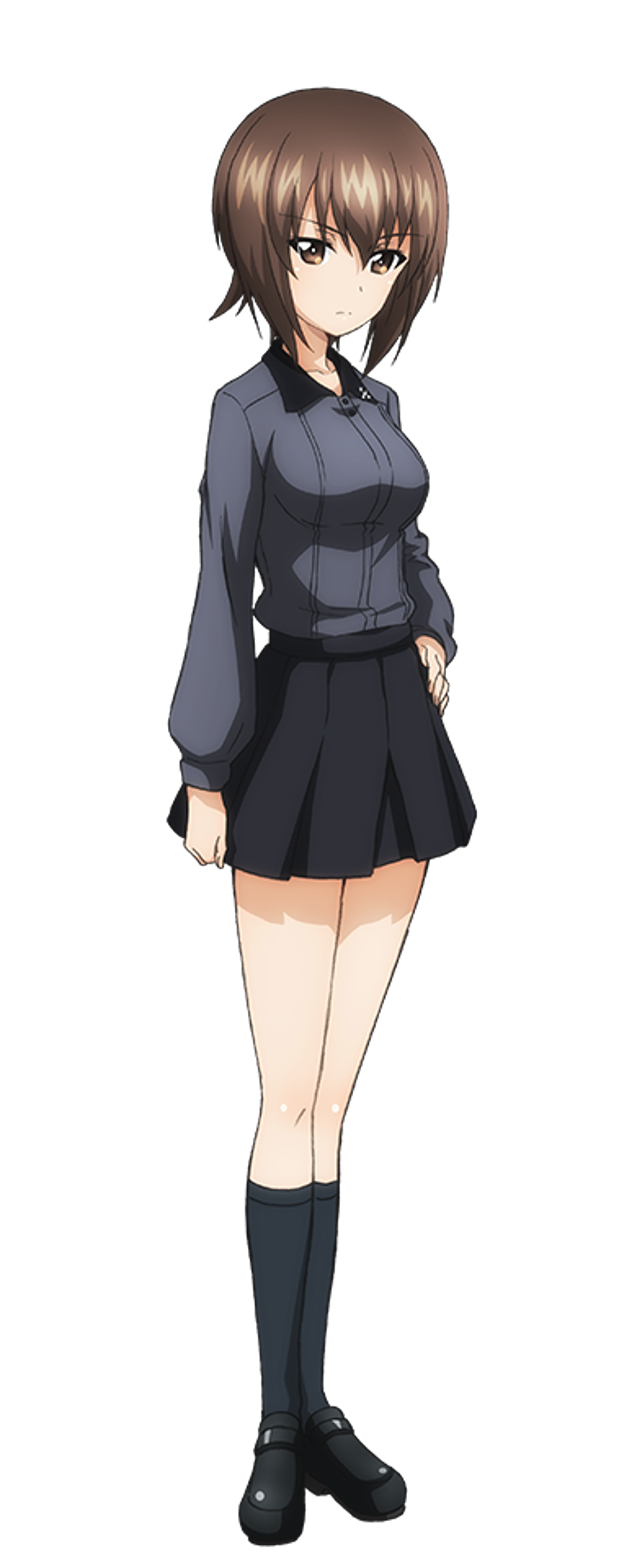 An anime-style character with short brown hair wearing a dark gray school uniform