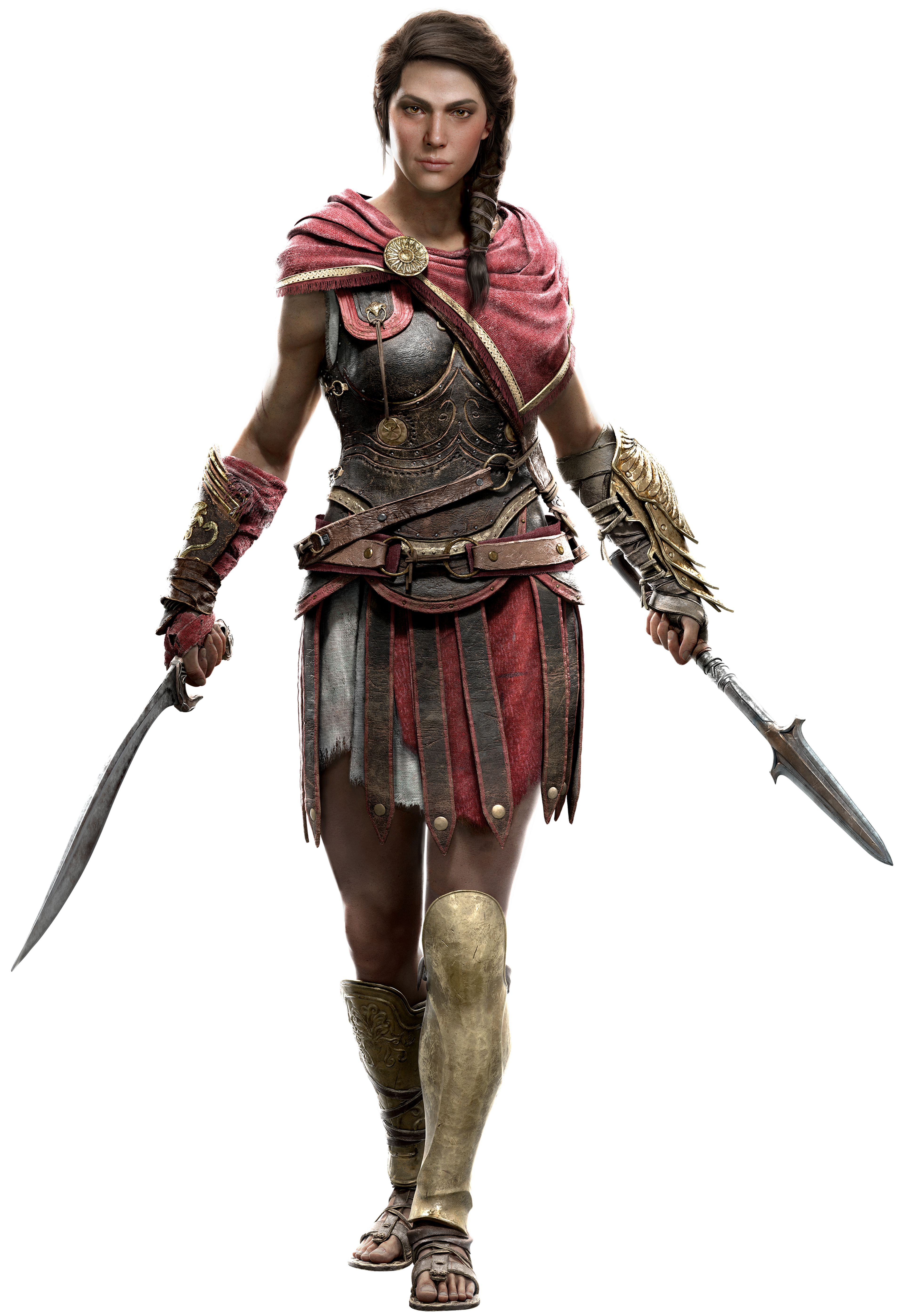 A female warrior character with long dark hair, wearing red and gold armor and holding two swords.