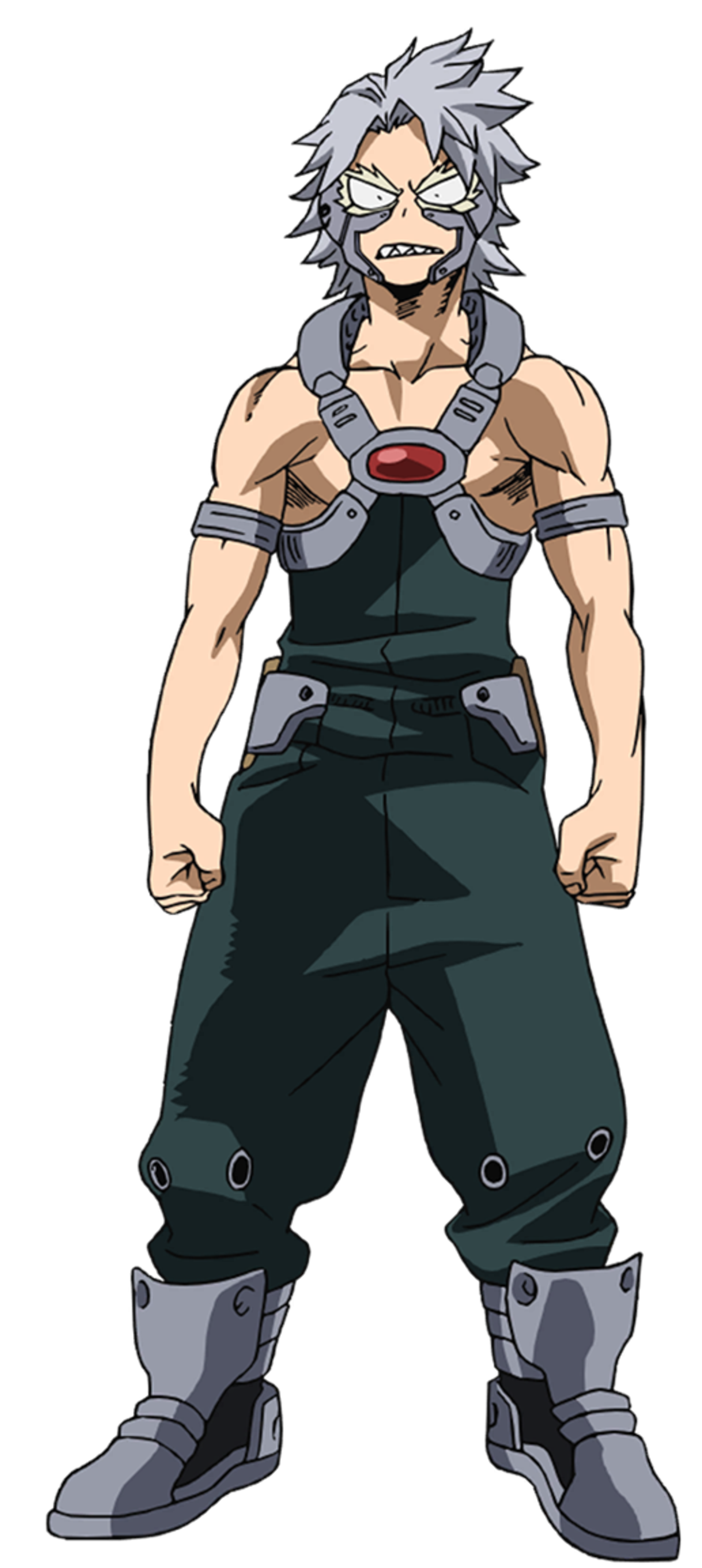 A muscular, shirtless male anime character with gray hair and sharp teeth, wearing dark green pants and metal leg armor.