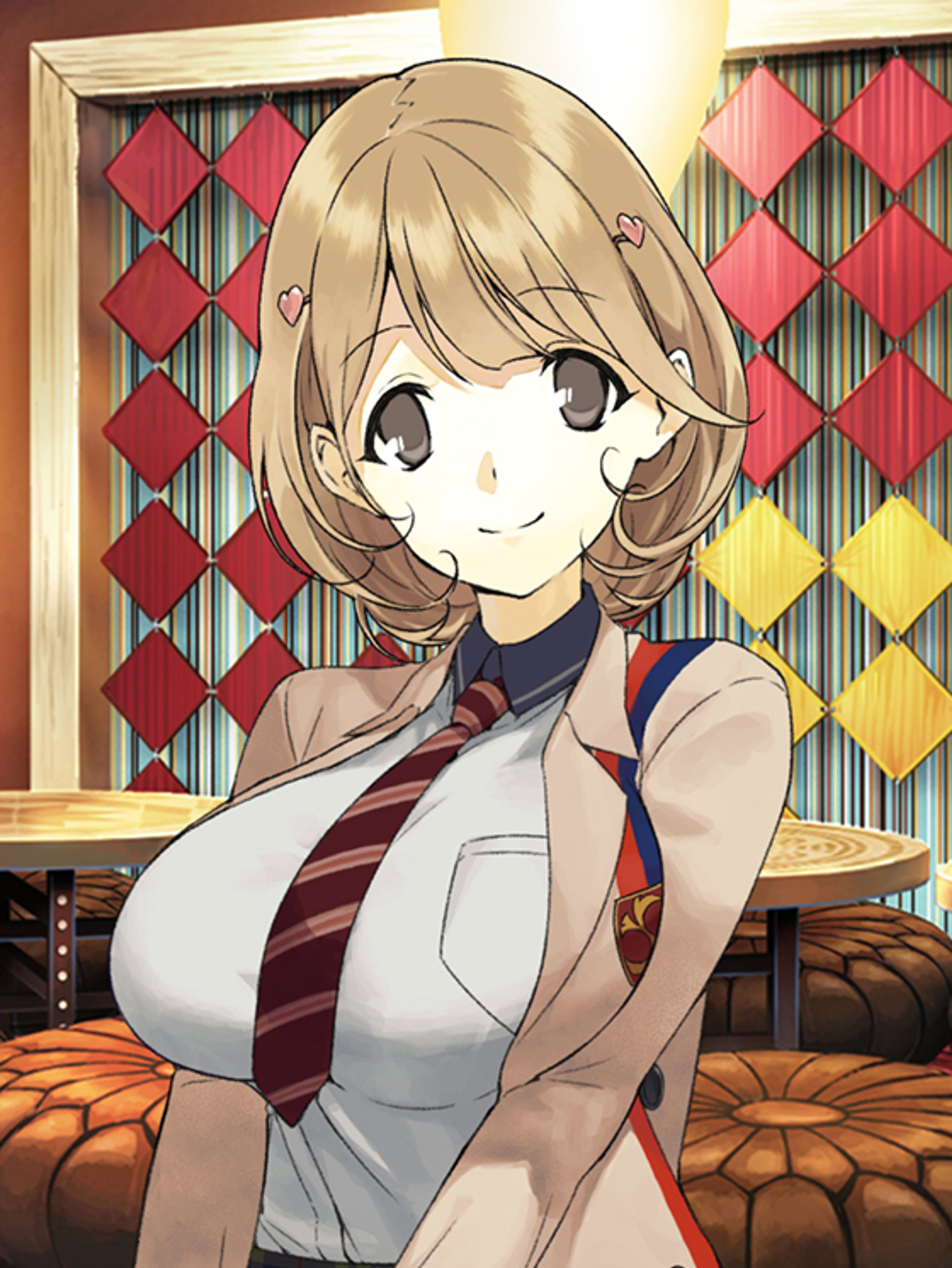 An anime-style character with short, light-colored hair and a school uniform sitting in a room with a patterned background.