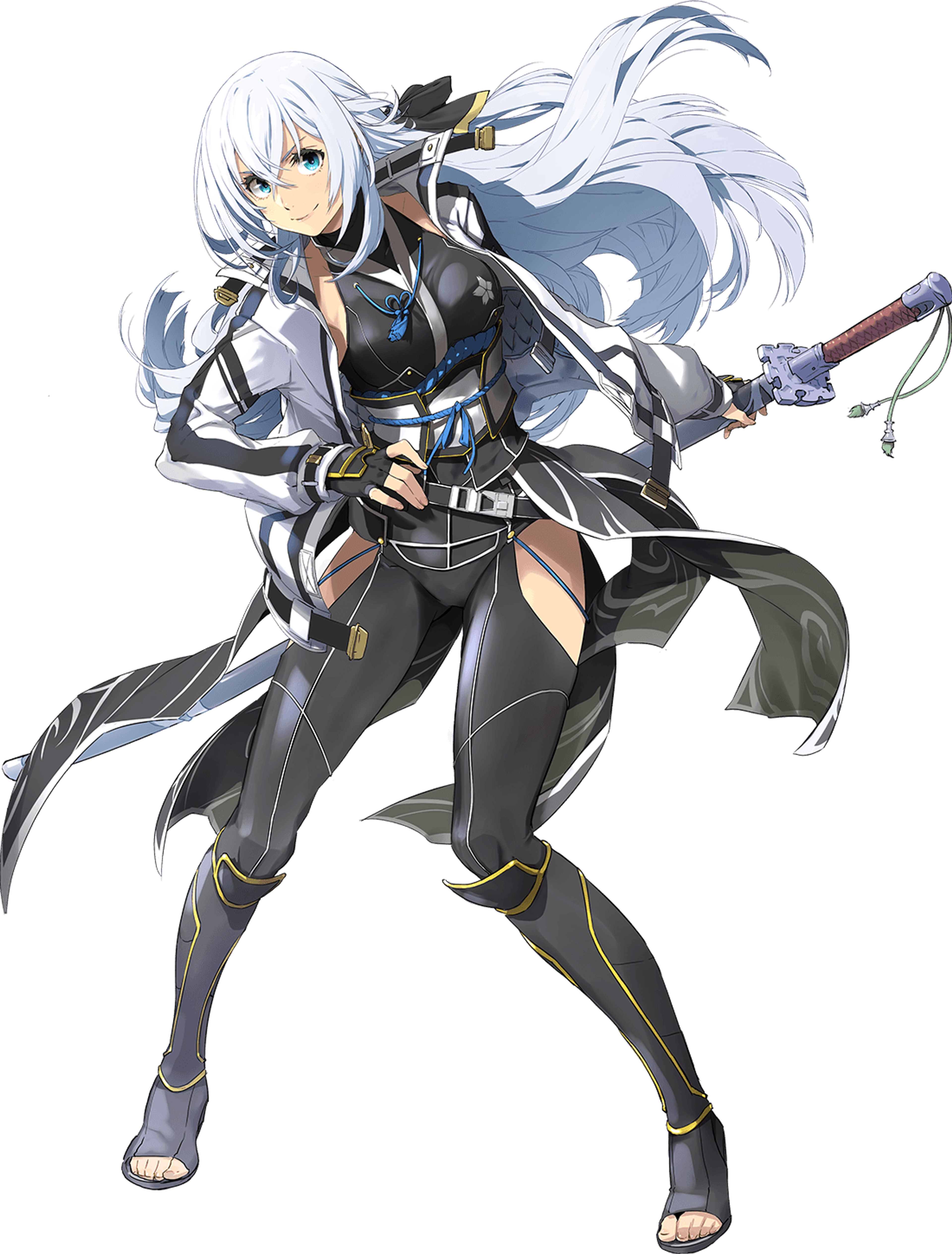 A young woman with silver hair and a sword