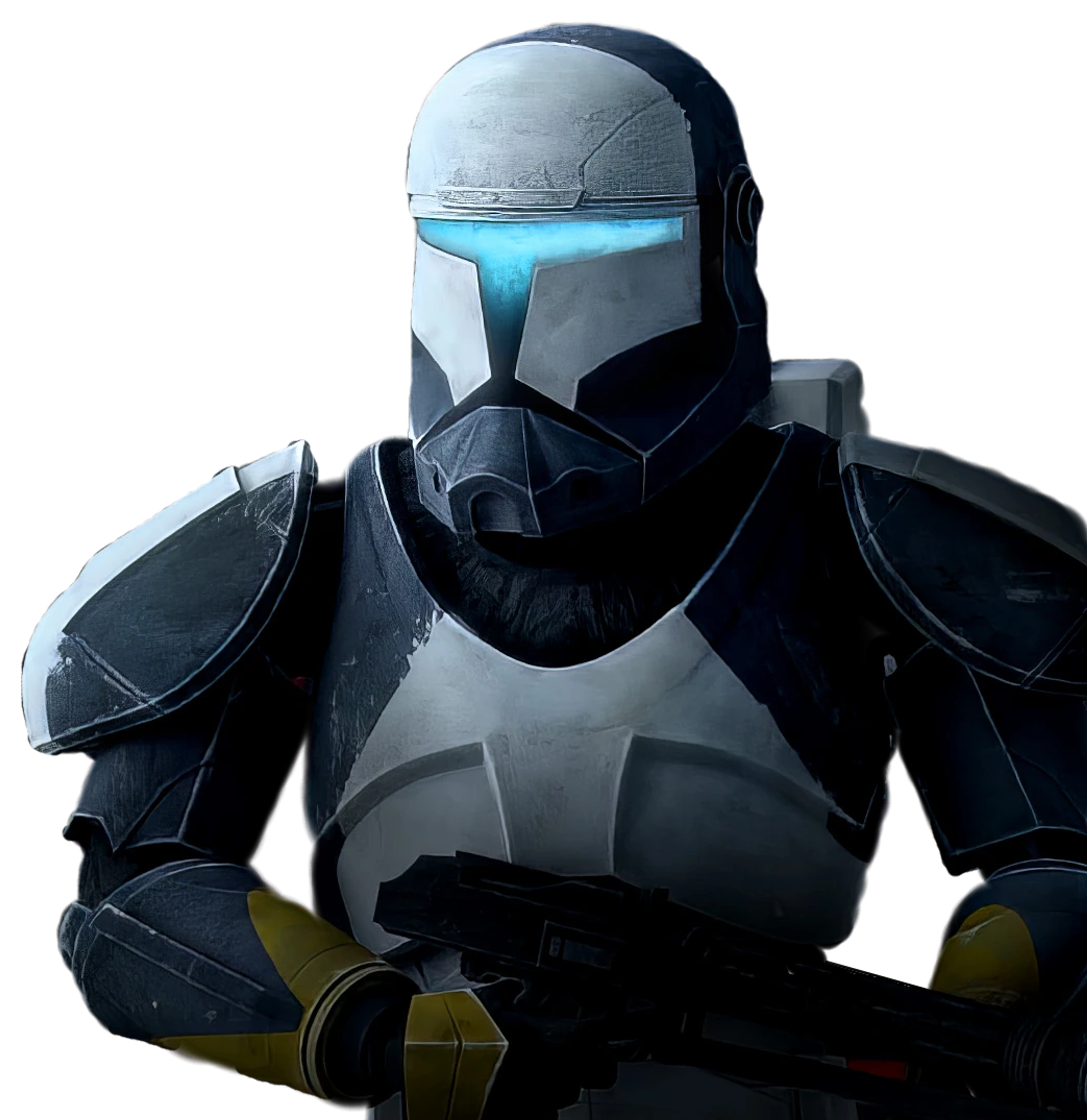 A heavily armored clone commando character from the Star Wars universe