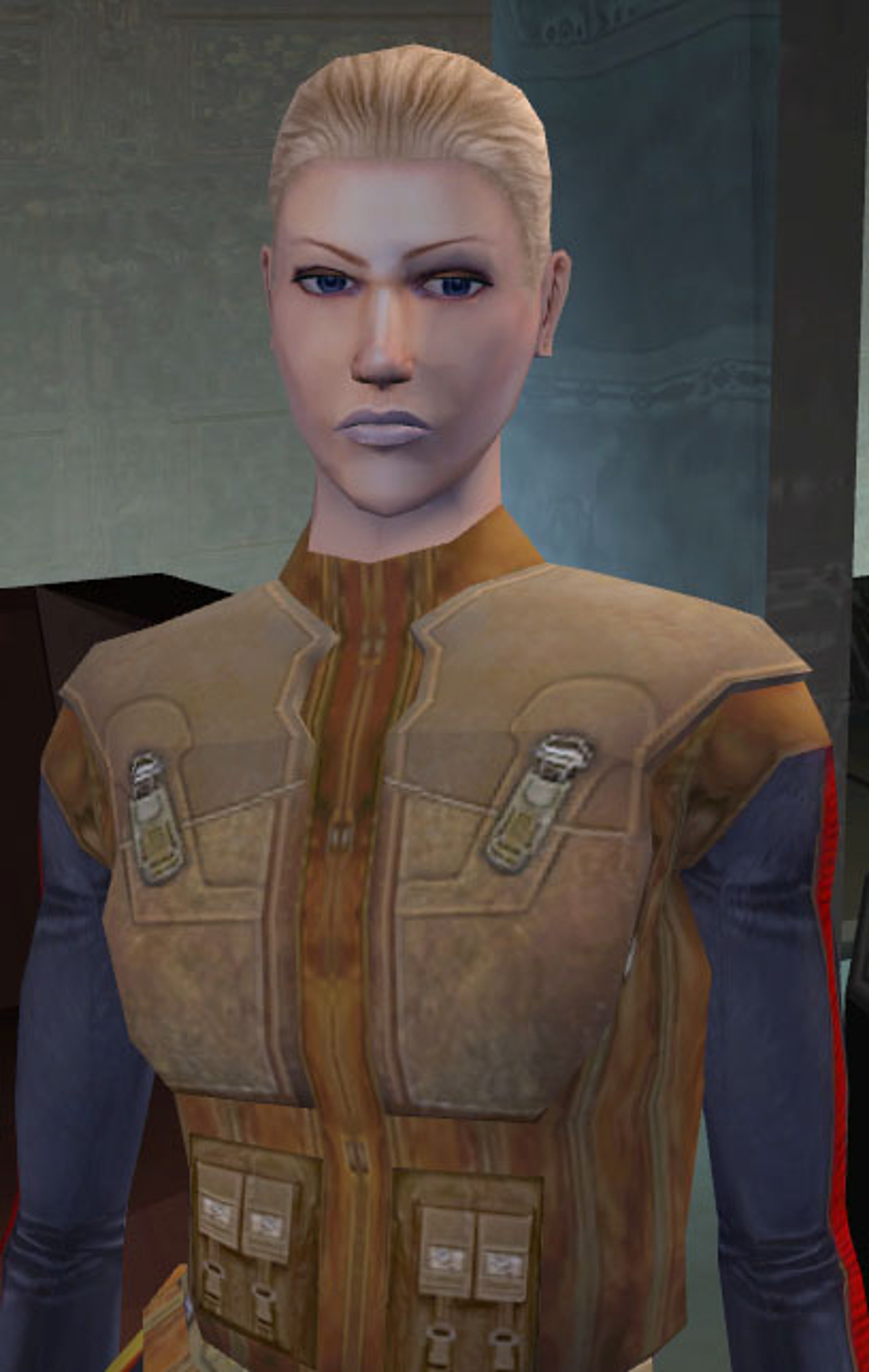 A female character in a tan military uniform with a serious expression