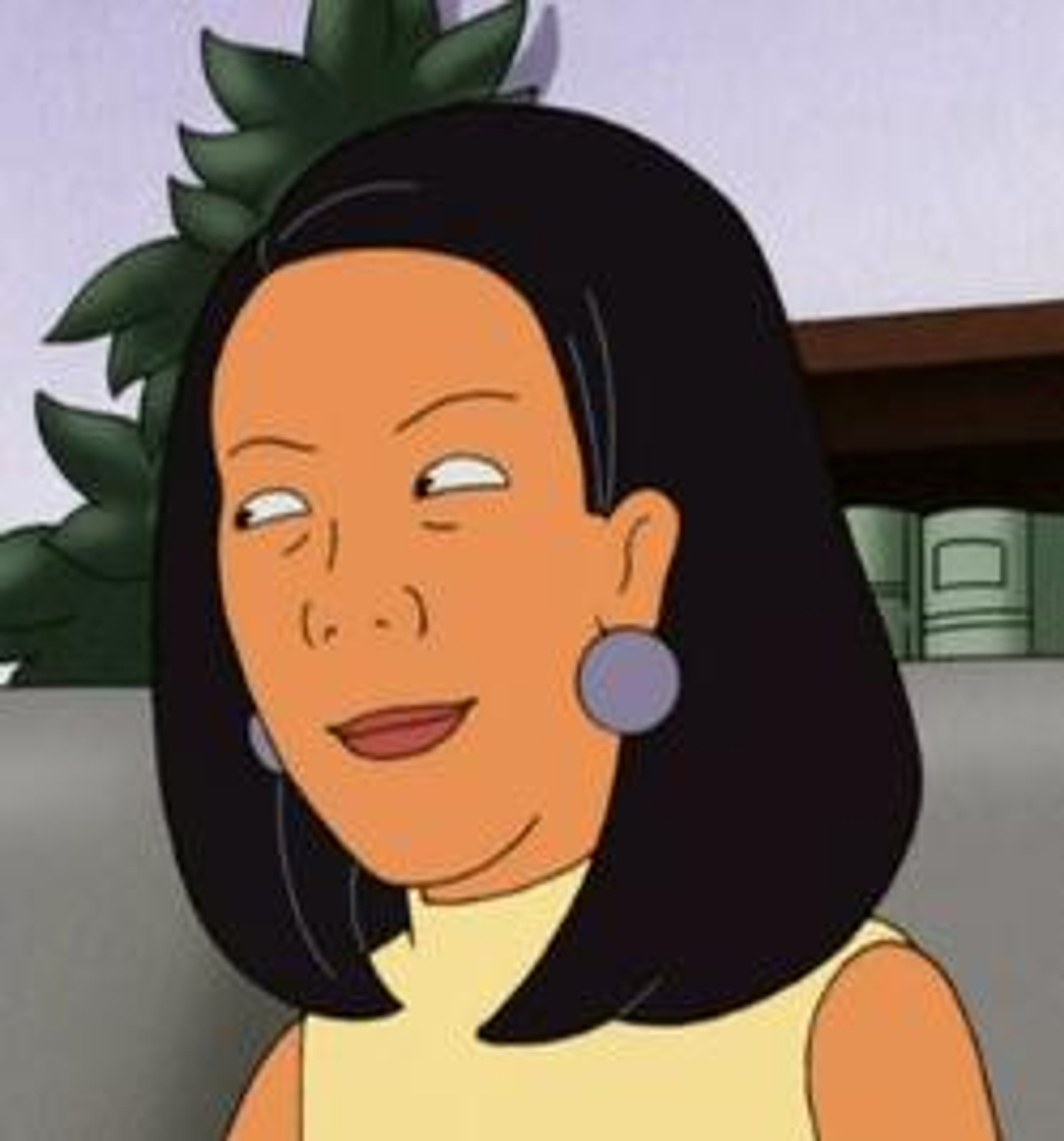 An animated female character with long black hair and a friendly expression, wearing a yellow top that exposes her shoulders.