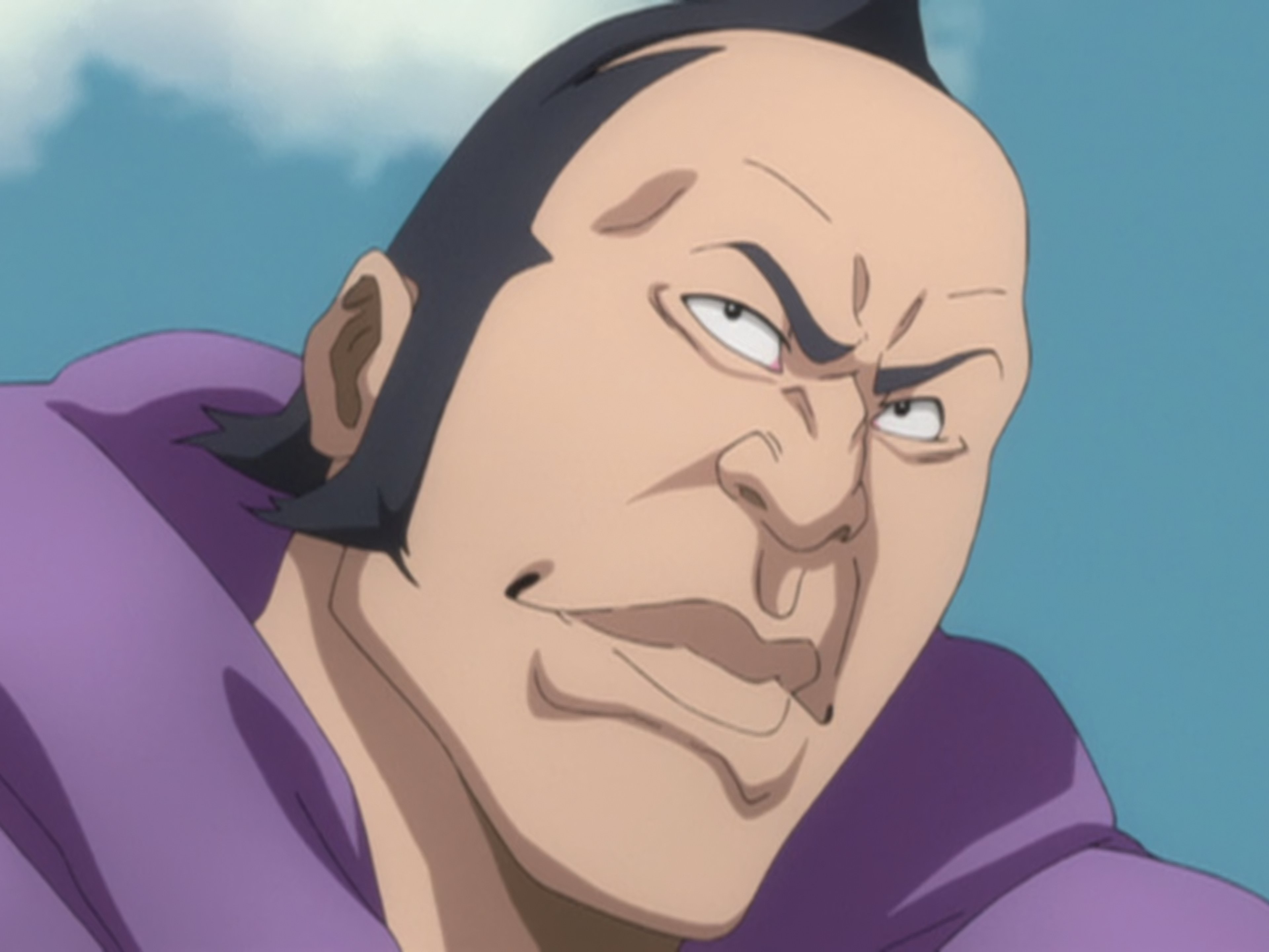 A large, imposing Shinigami character with a bald head and stern expression