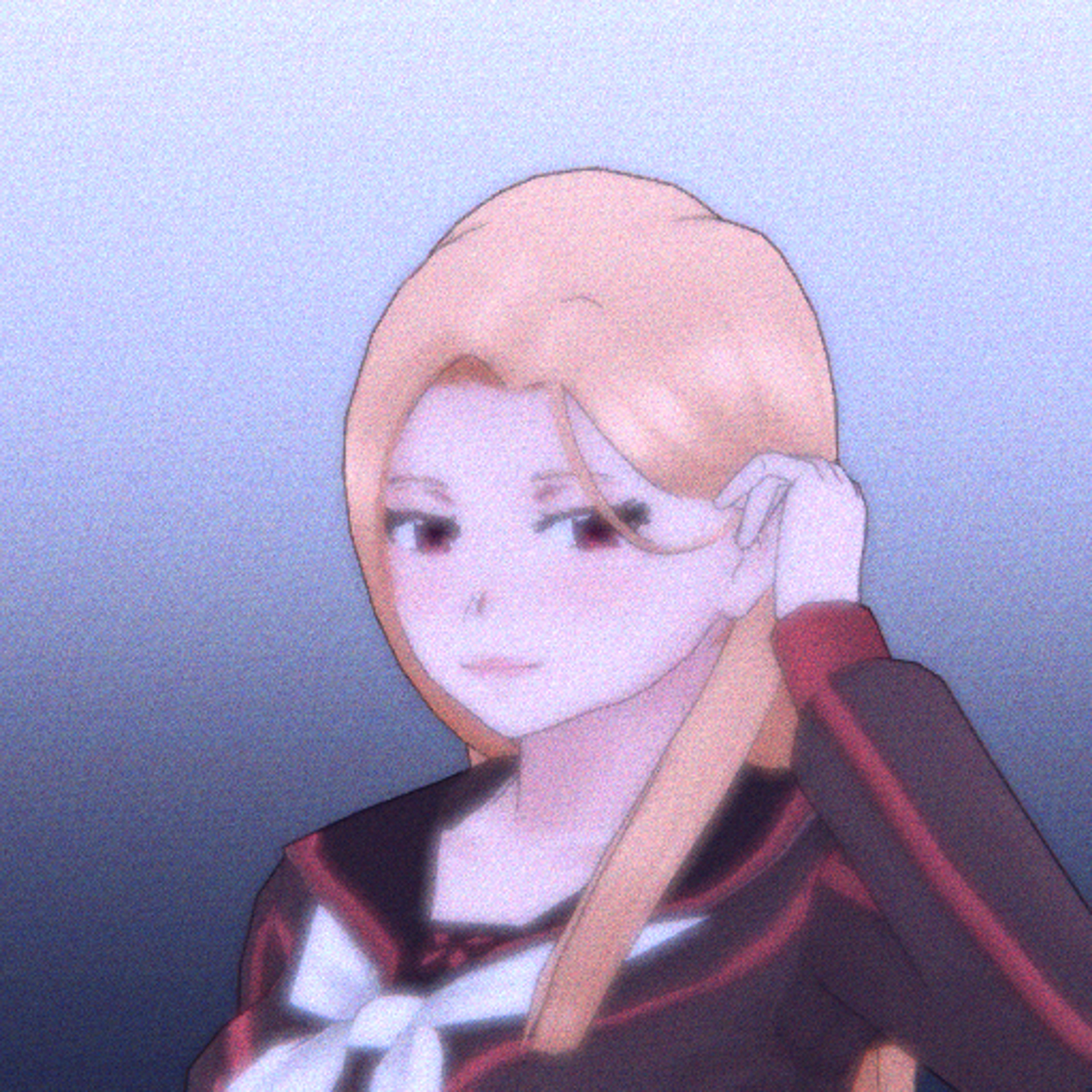 A young woman with blonde hair and crimson eyes