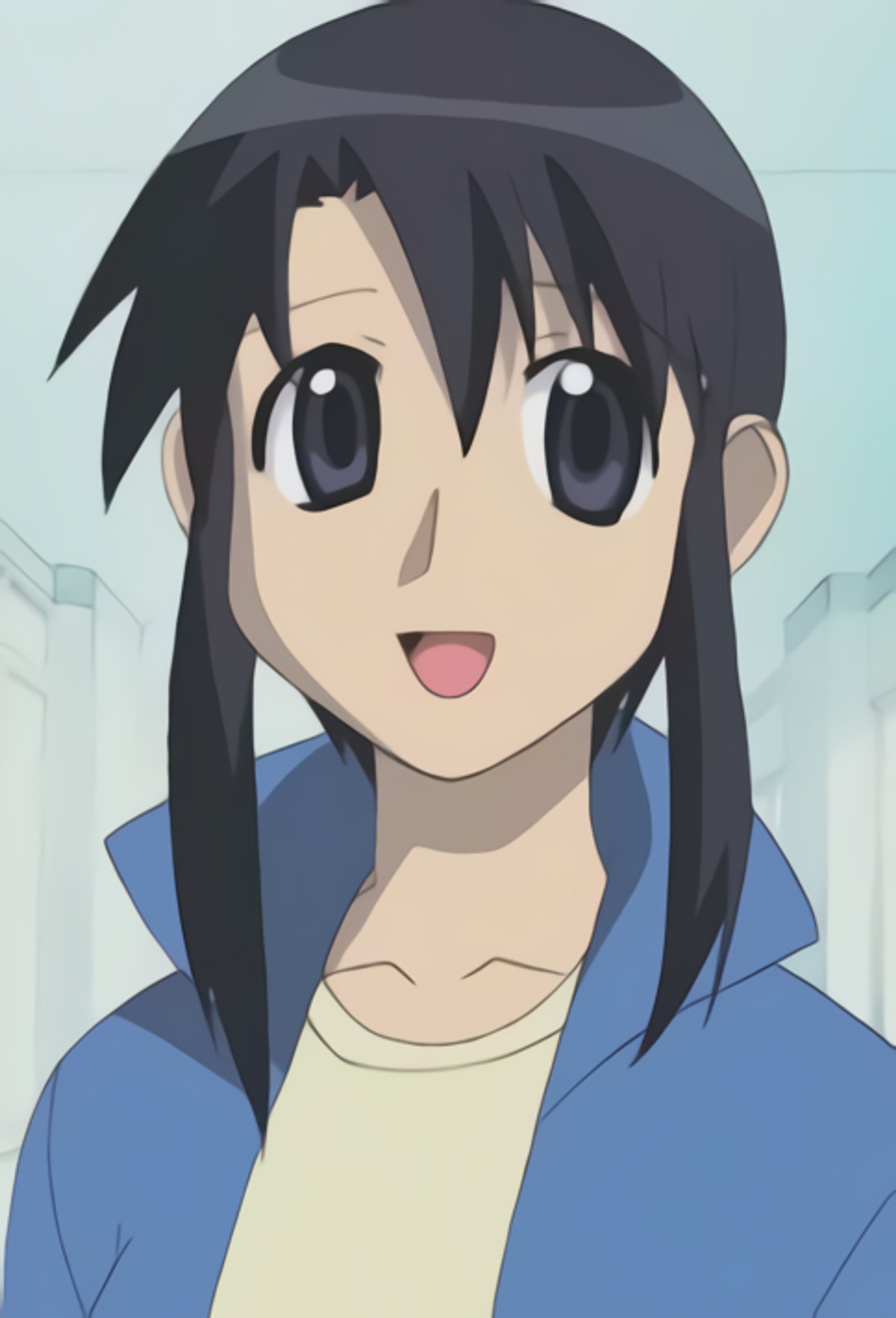 An anime-style character with large eyes and long dark hair, wearing a blue jacket.