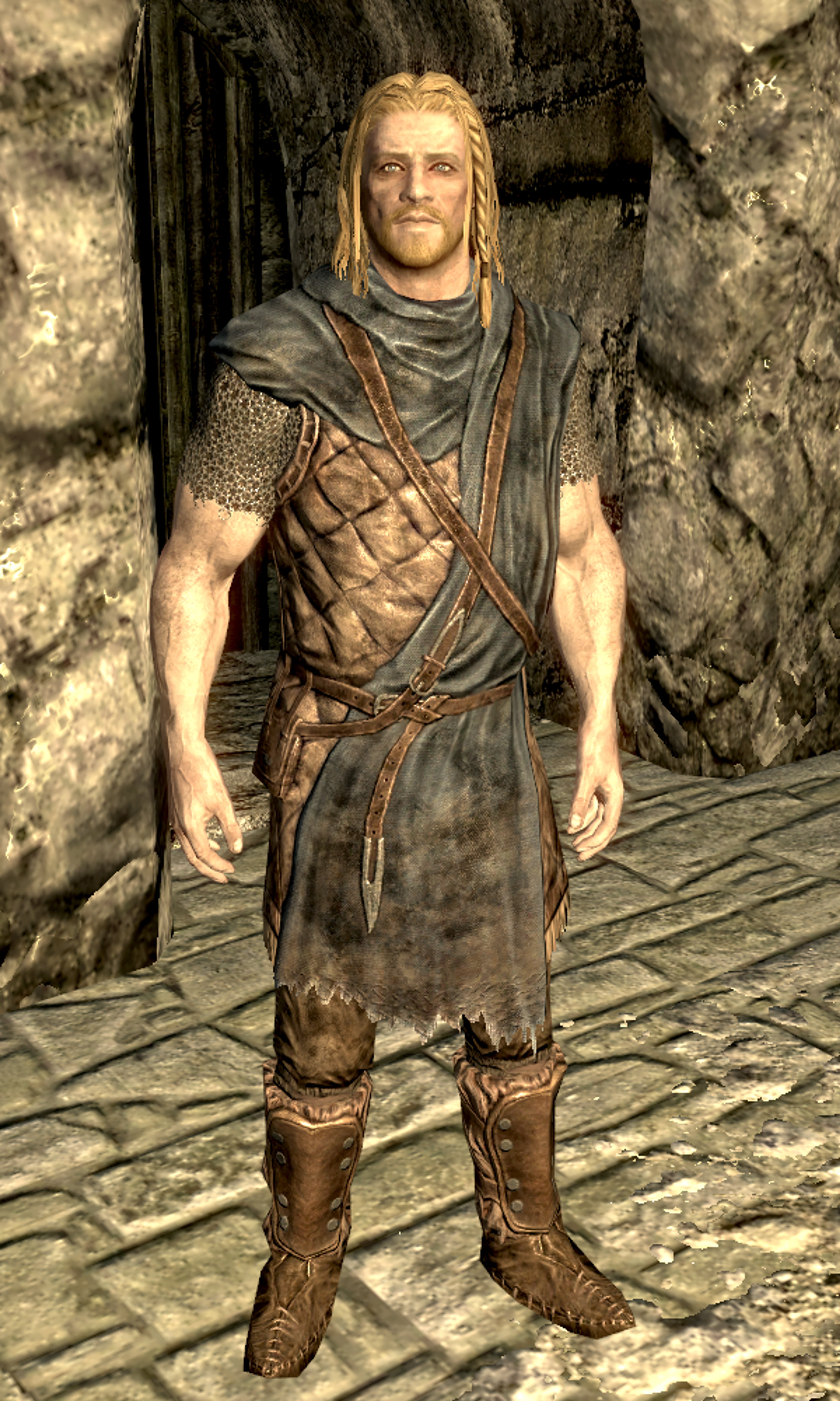 A Nord warrior in fur-lined armor, carrying a sword and shield.