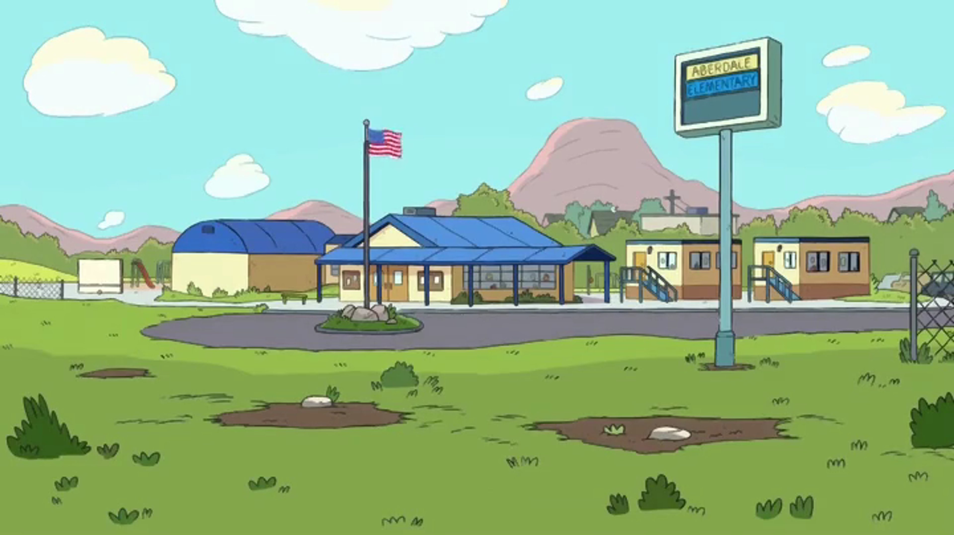 A cartoon image of an elementary school setting with a smiling, paint-splattered art teacher in the foreground.