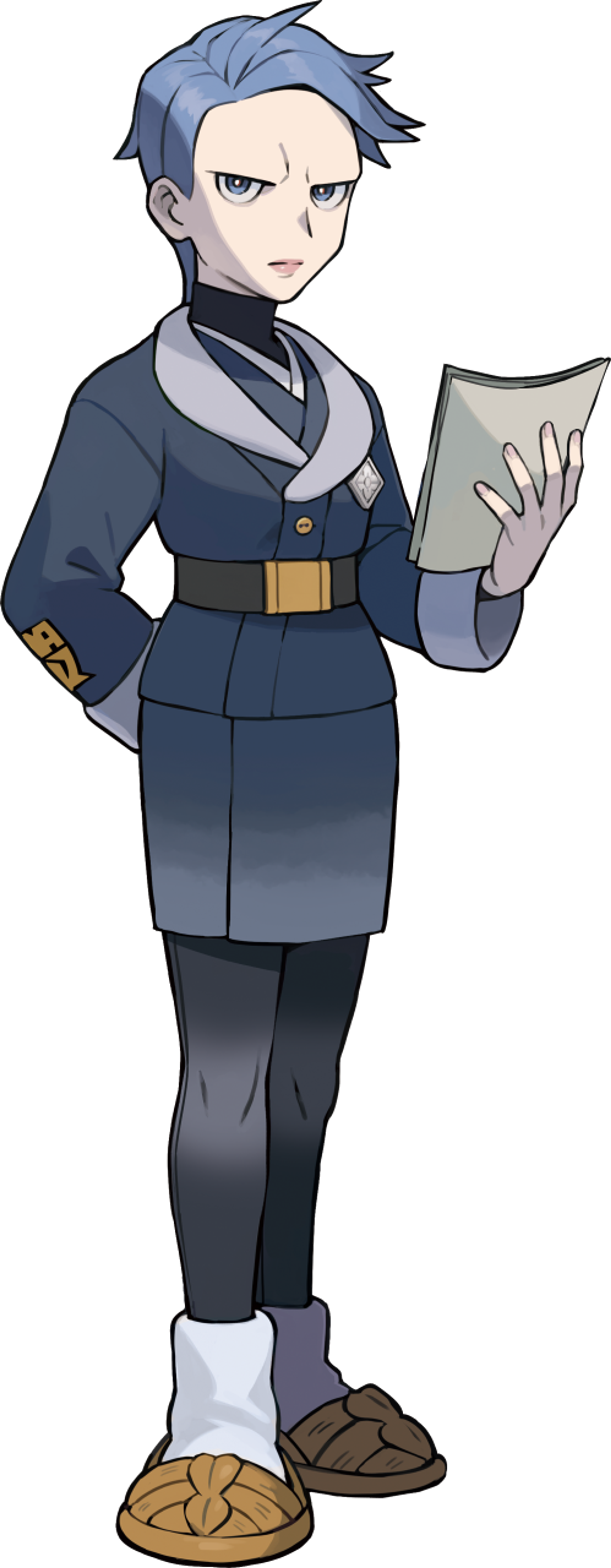 A serious-looking woman in a dark uniform holding a tablet or document