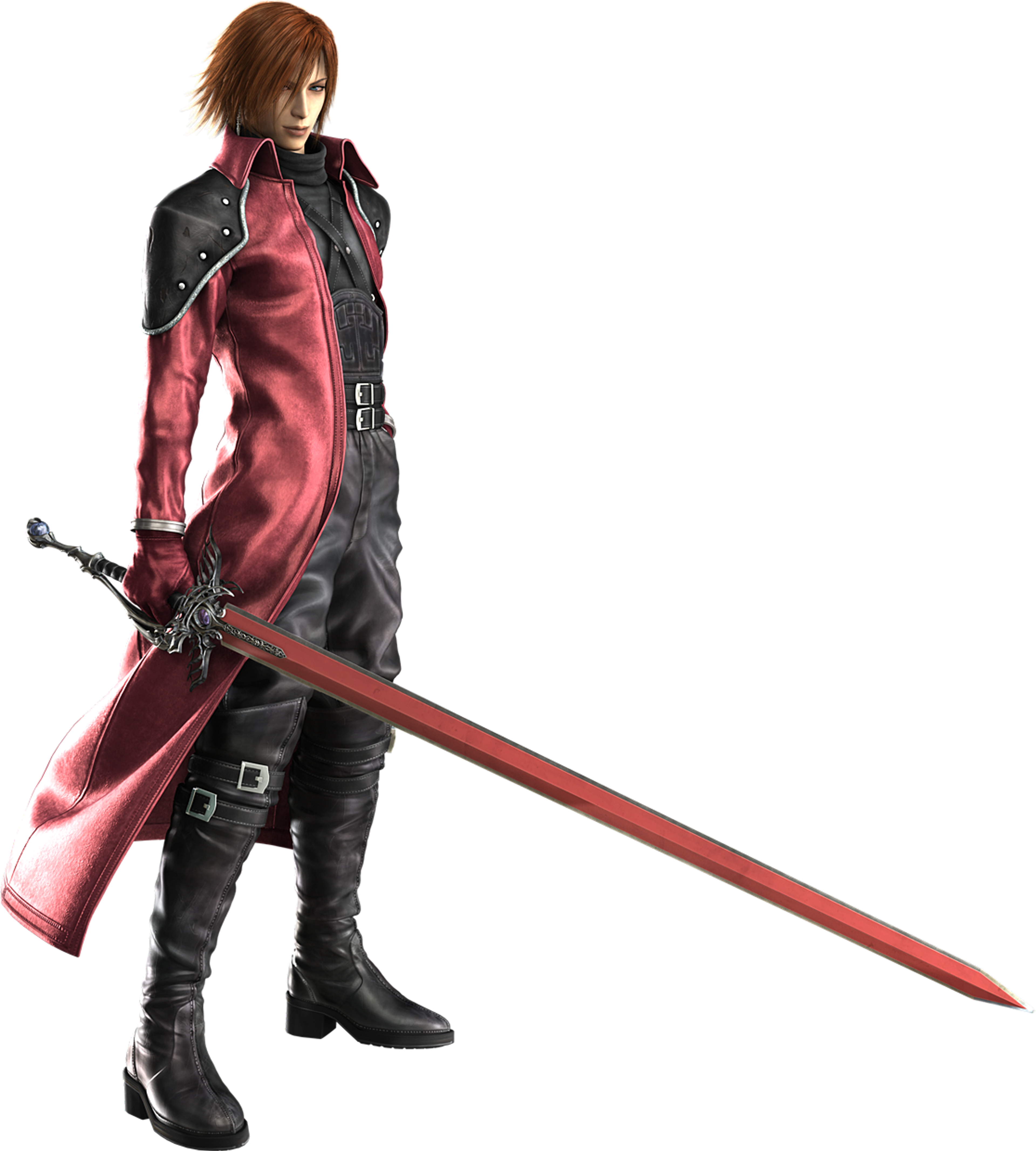 A male character with red hair and a red leather coat holding a long red sword