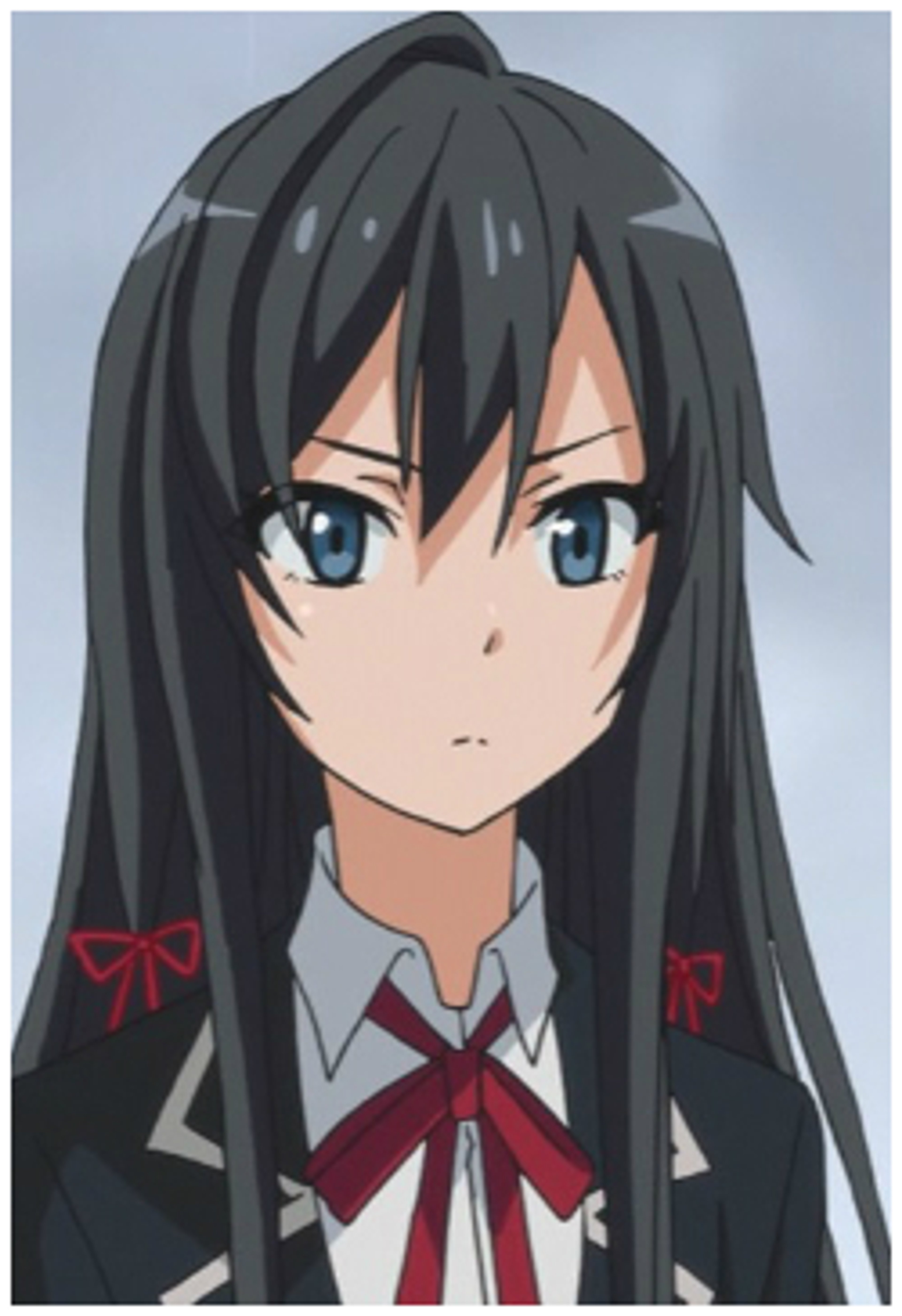 An anime-style girl with long black hair and blue eyes wearing a school uniform