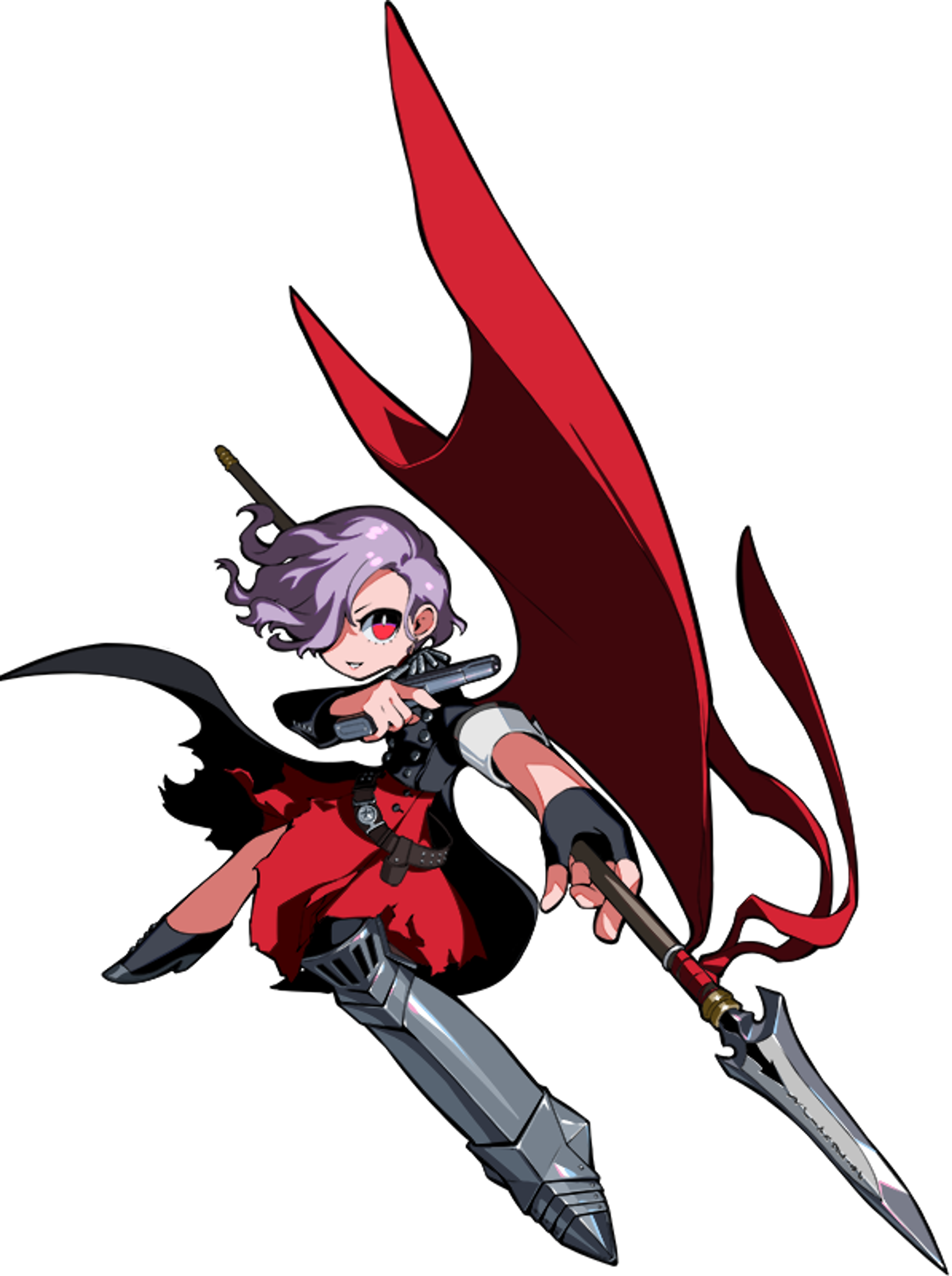 An anime-style character with light gray-violet hair and red eyes, wearing a military-inspired uniform and wielding a transforming flag-spear.