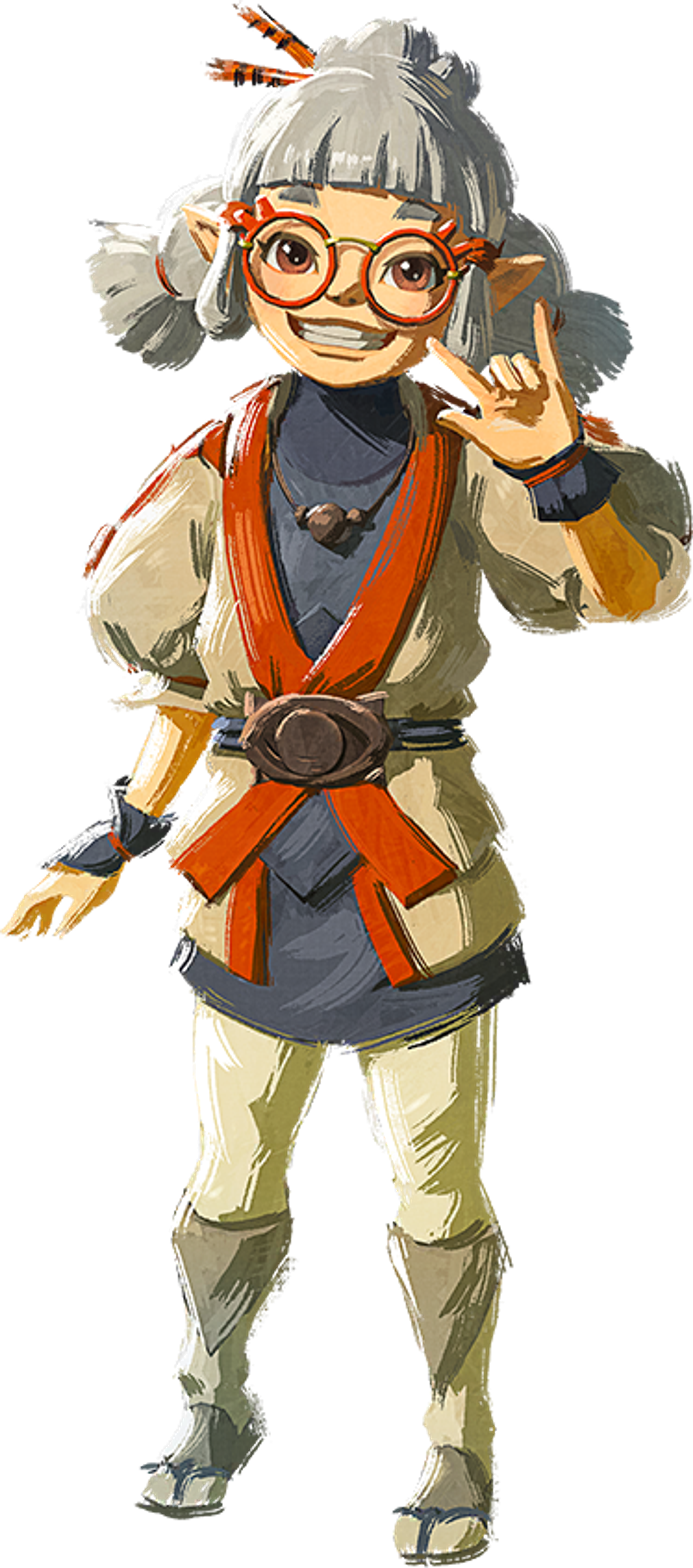 An animated female character with large glasses, a bun hairstyle, and an orange and gray outfit making a peace sign gesture.