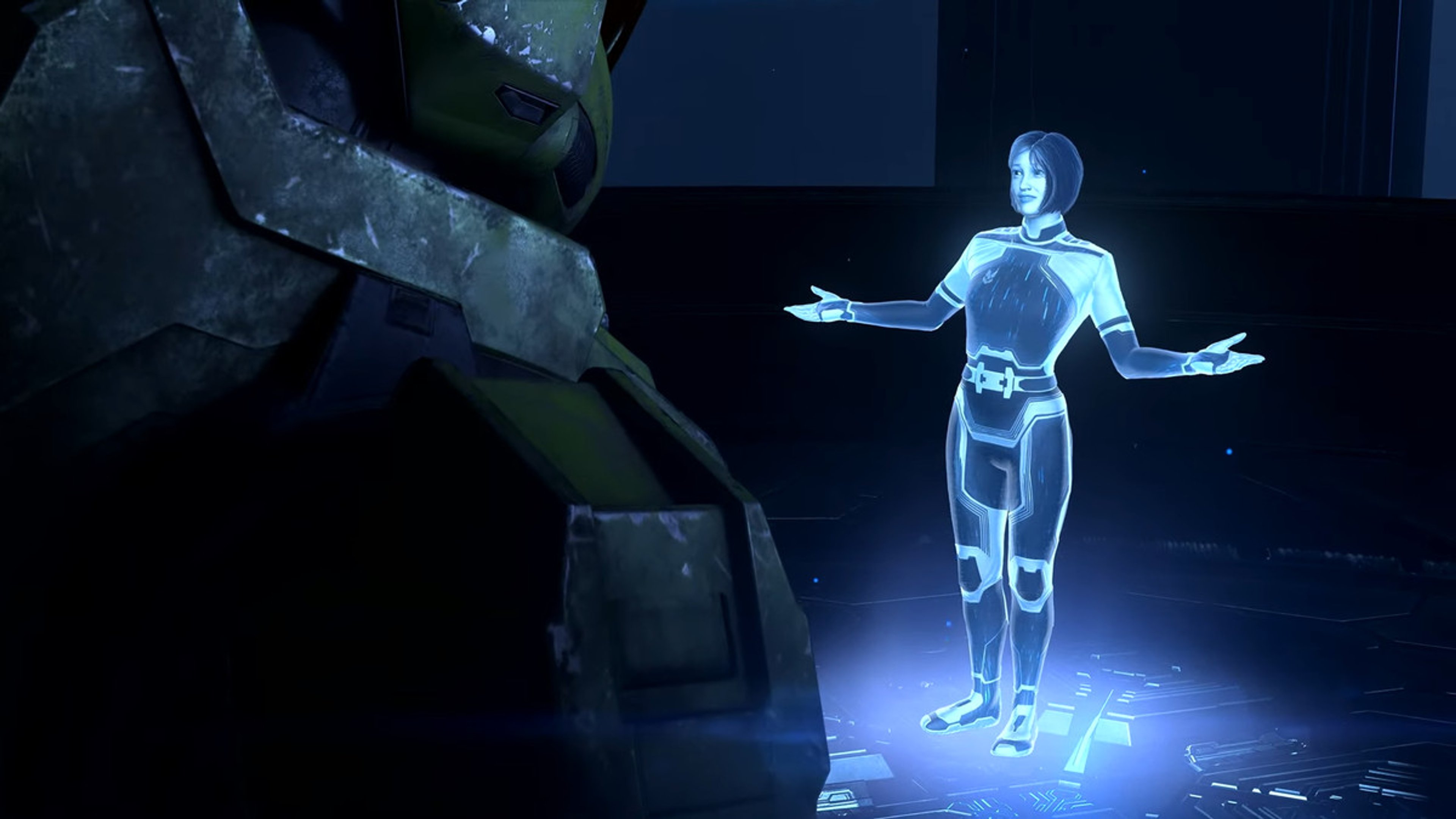 A glowing, humanoid figure with a sleek, futuristic appearance standing in a dark, rocky environment.