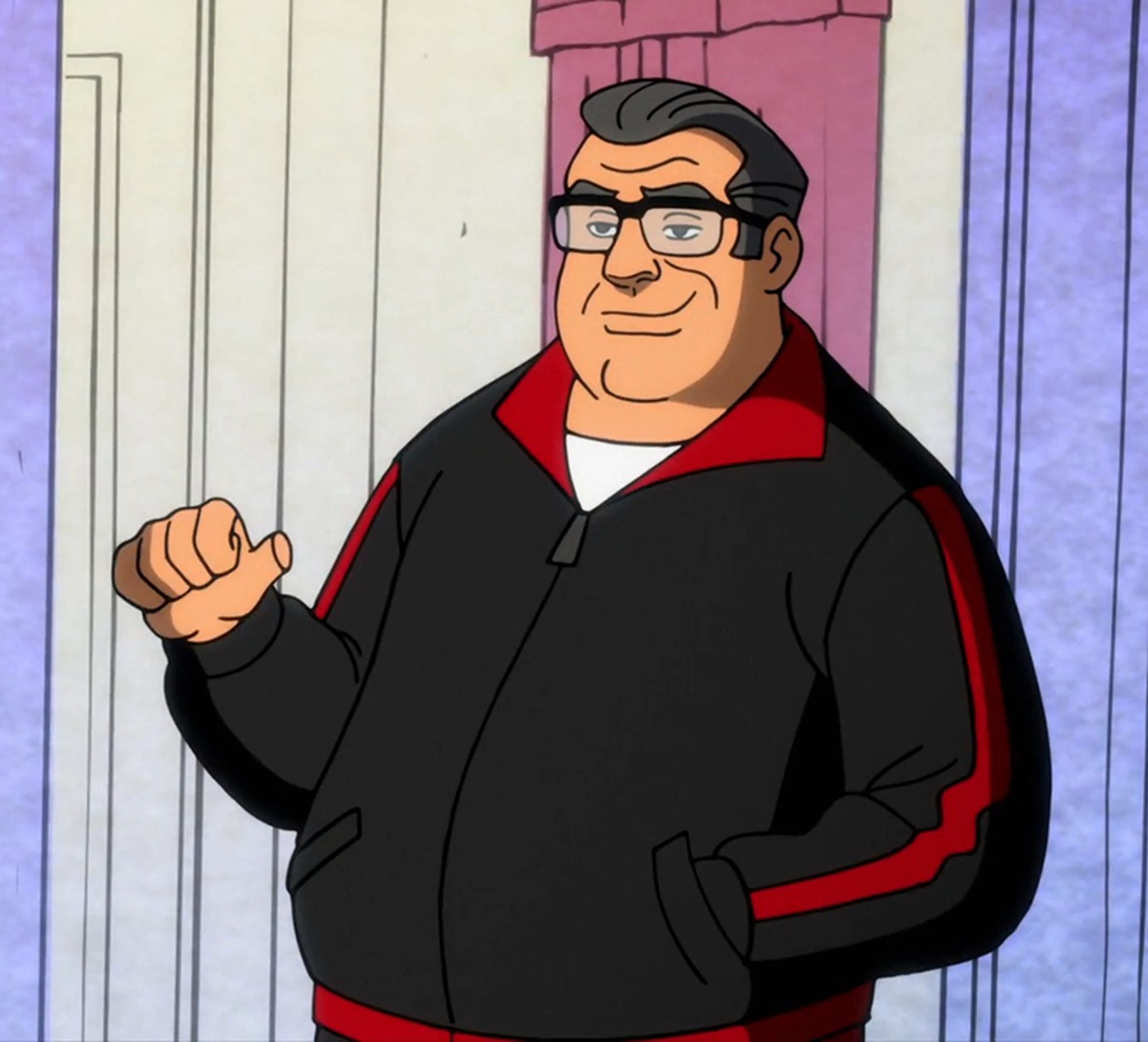 A middle-aged man with a disheveled appearance and a shifty demeanor