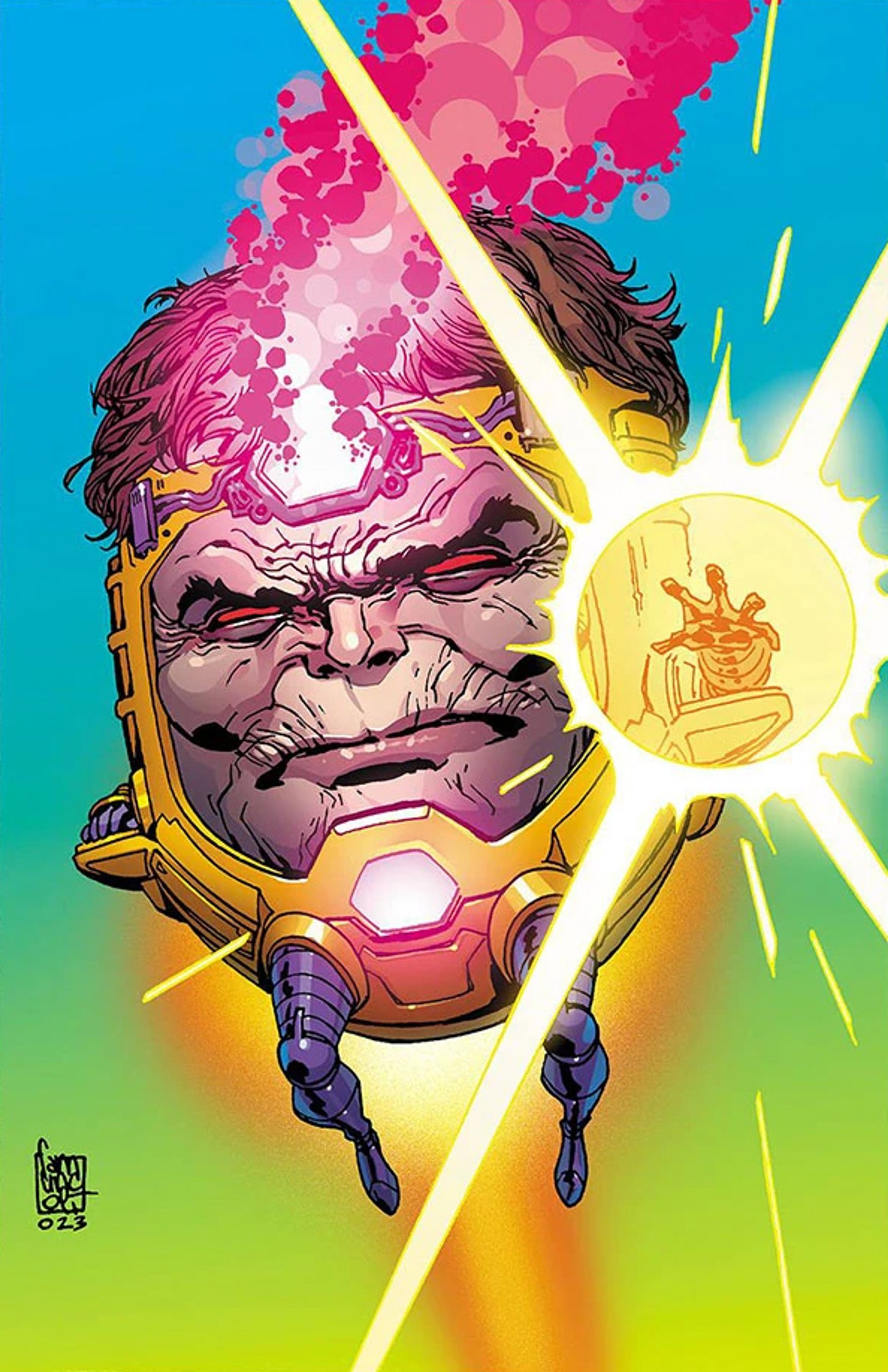 A character with a large, oversized head and a small body, wearing a high-tech suit and hovering in a chair.