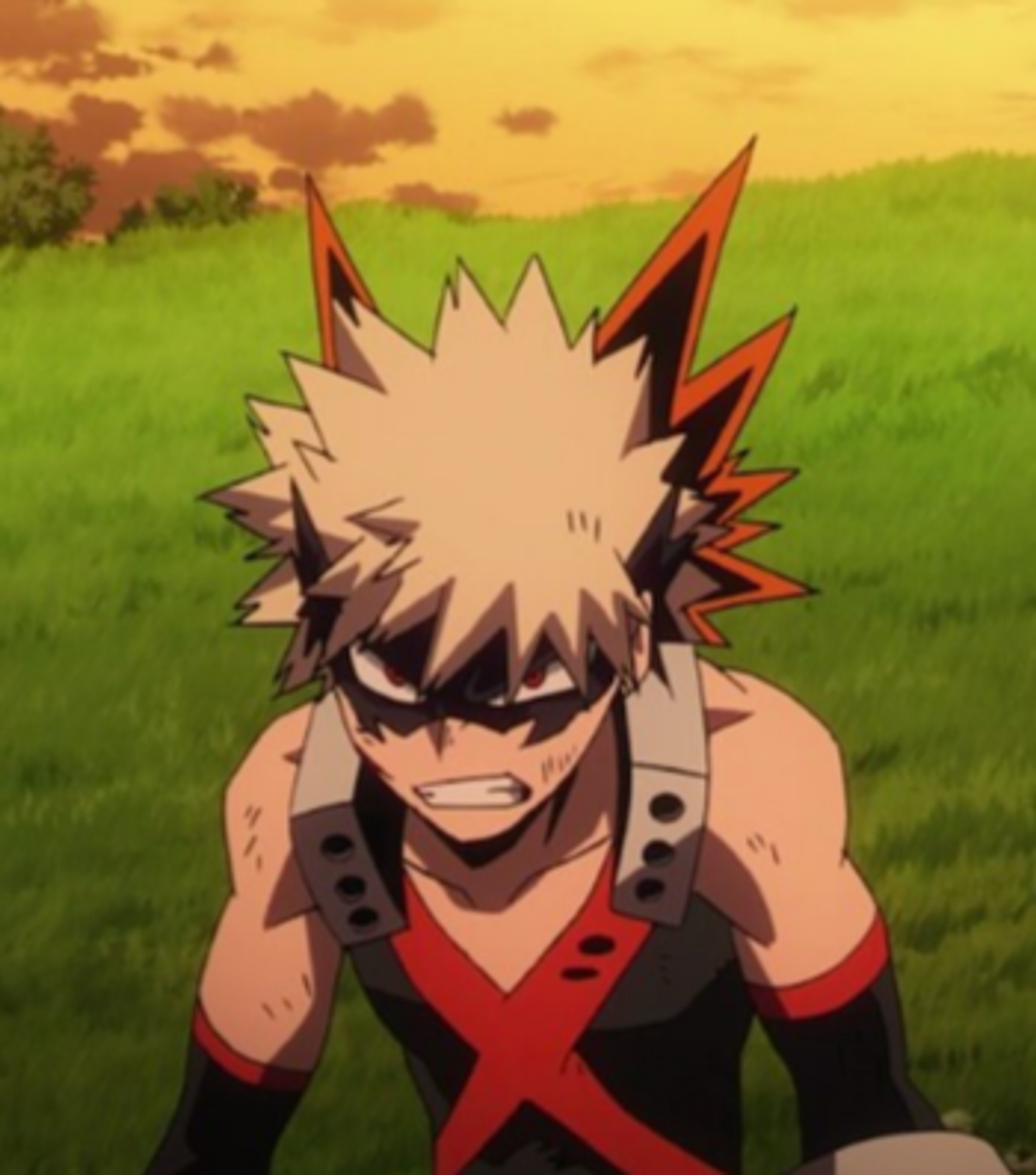 An intense-looking anime character with spiky blond hair and a muscular build