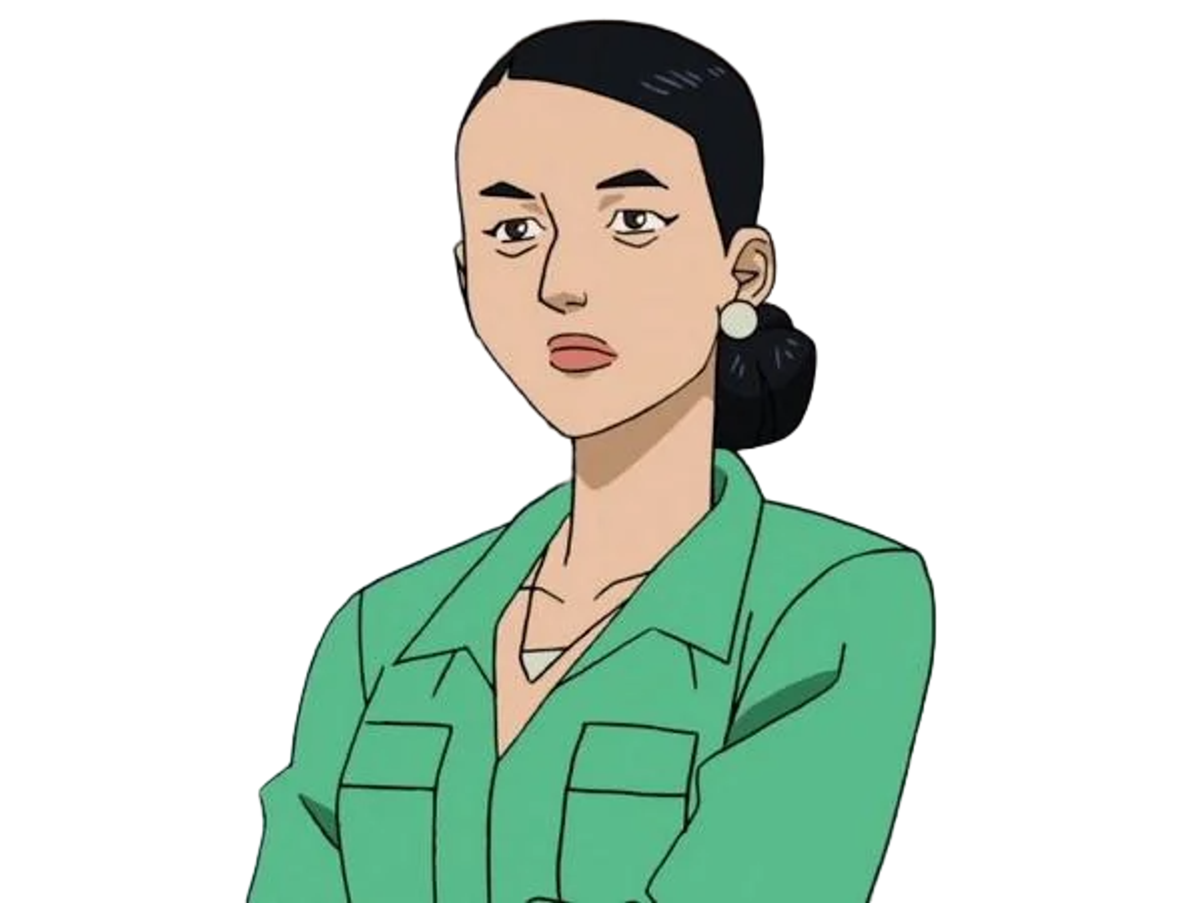 A woman with dark hair standing in front of a group of comic book-style characters