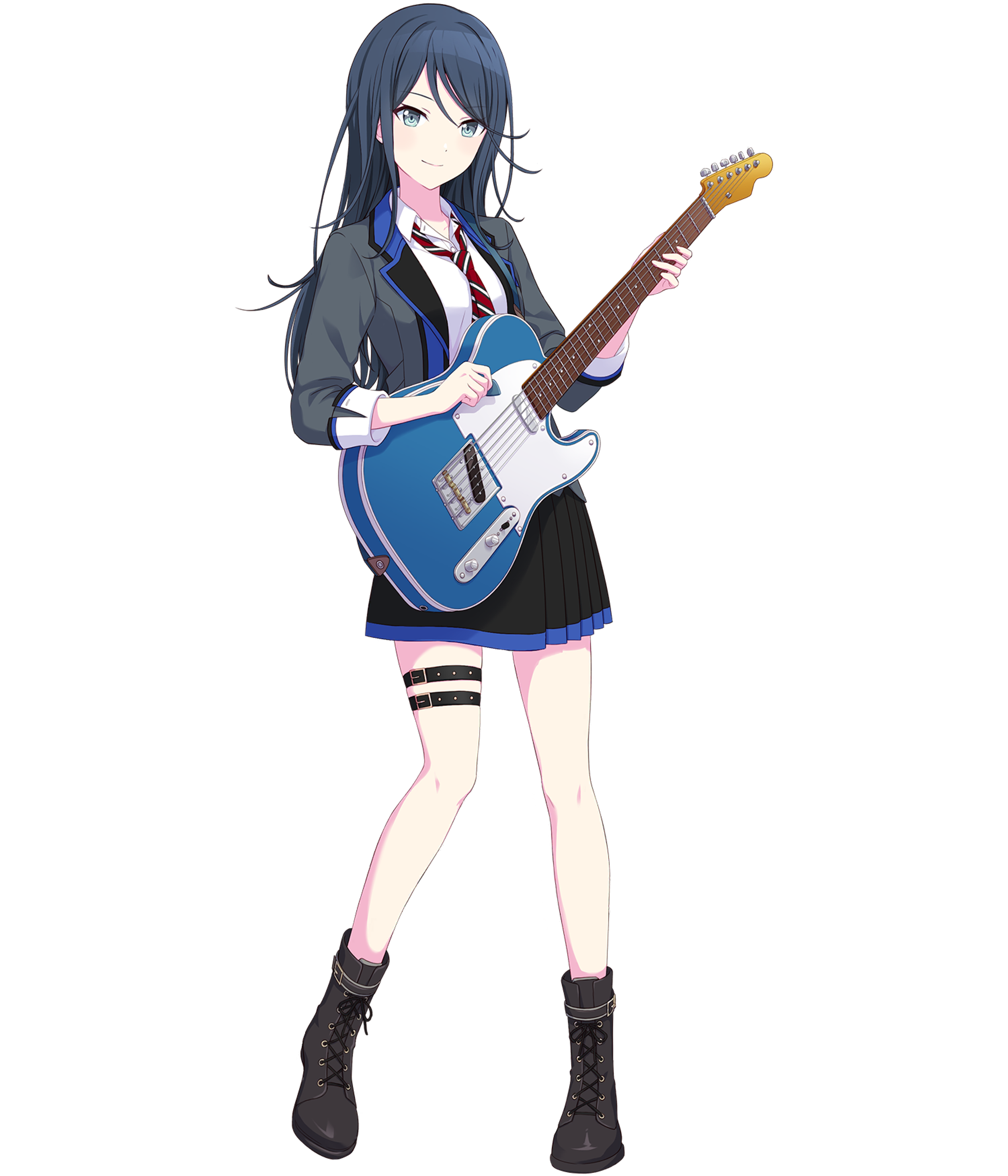 A young woman in a school uniform holding an electric guitar