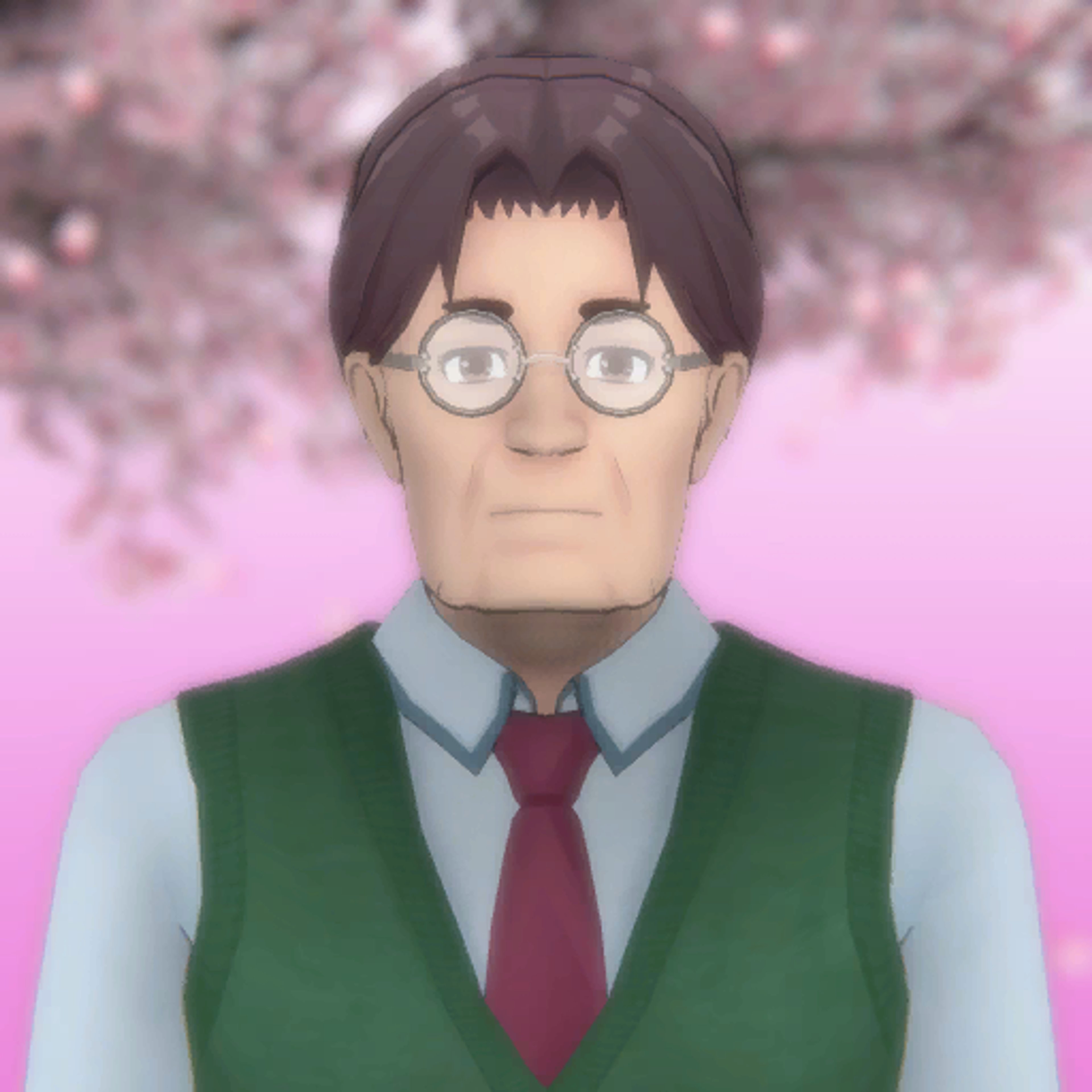 A middle-aged man with glasses and a green vest, standing in front of blurred cherry blossom trees.