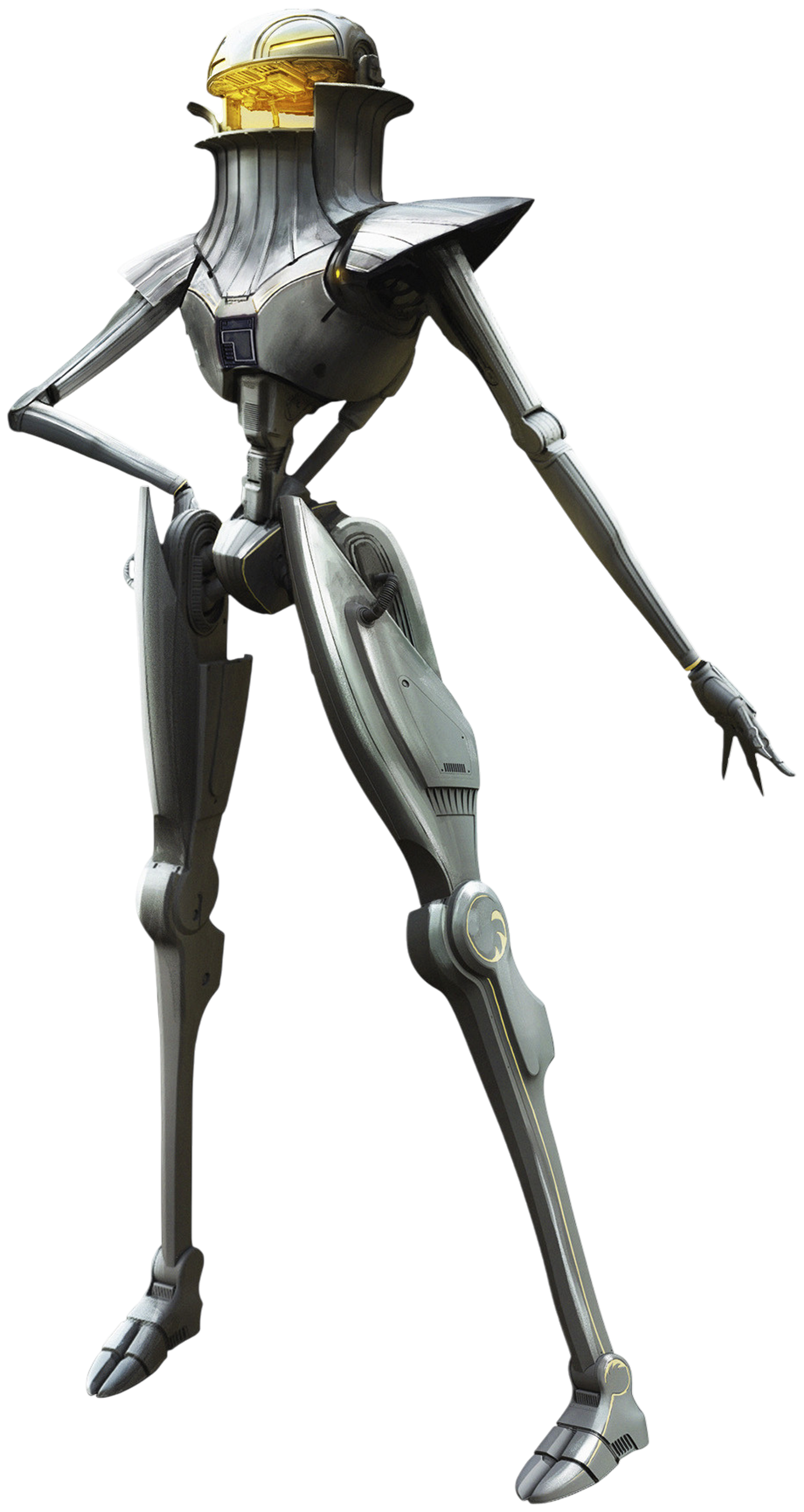 A detailed robotic character with a feminine appearance