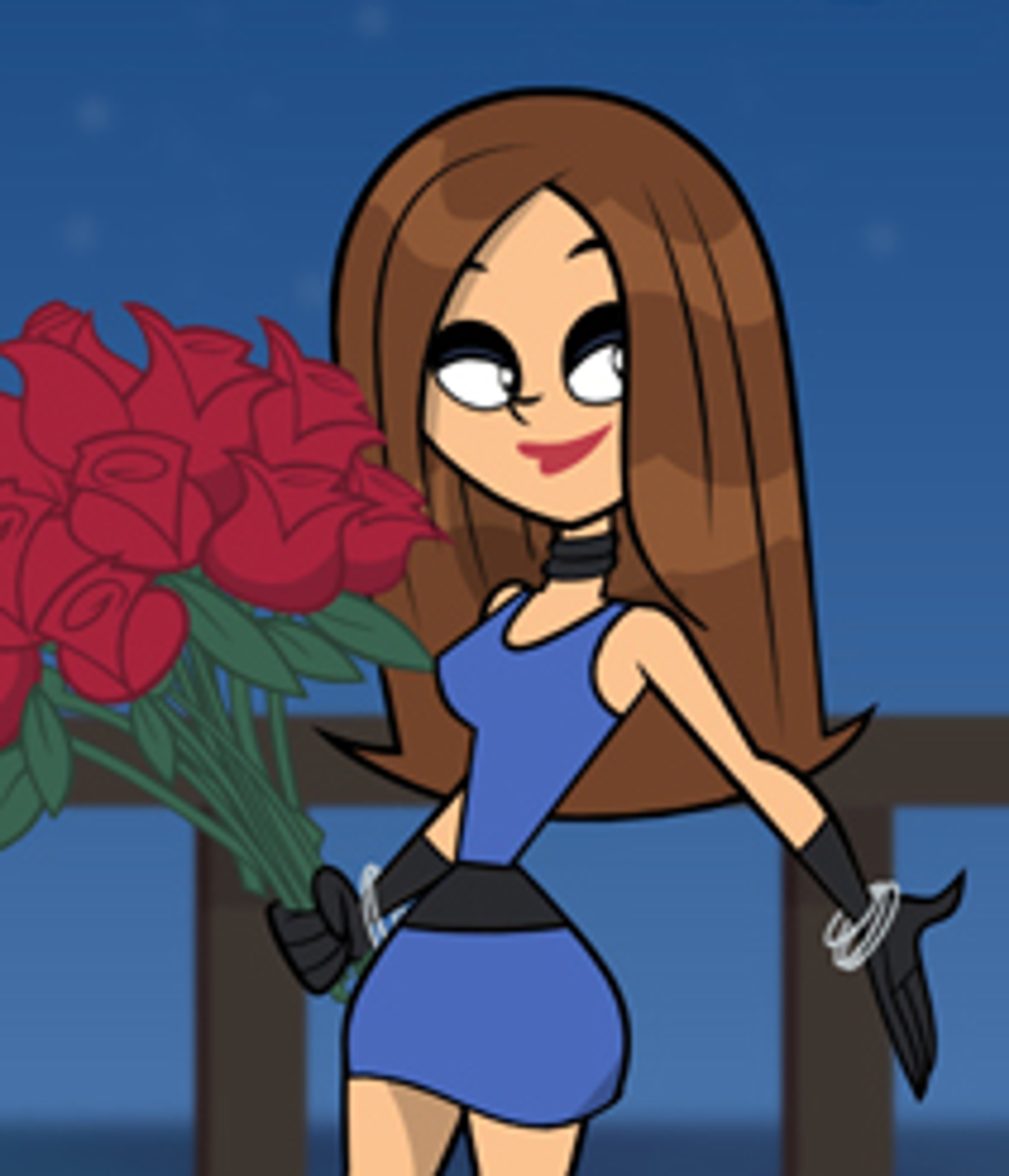 A young woman with long brown hair holding a bouquet of red roses