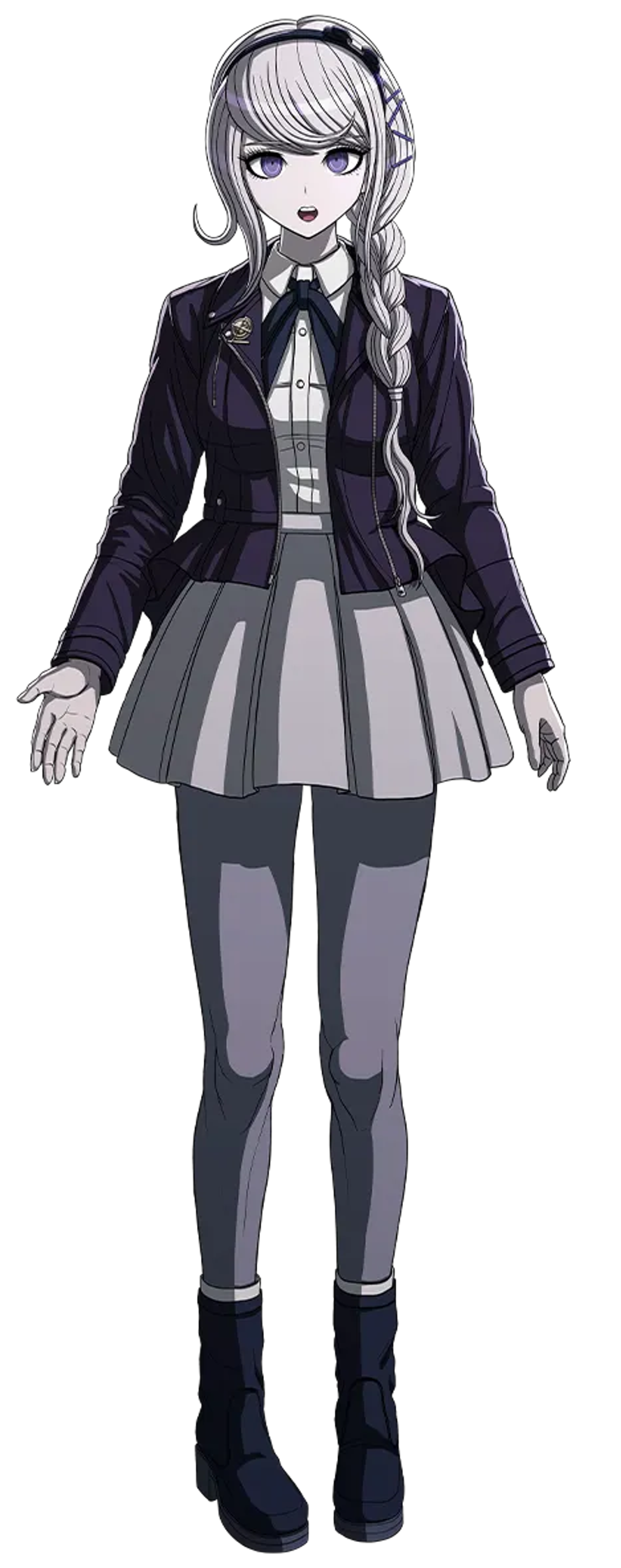 A young female character with long white hair, wearing a school uniform and headphones