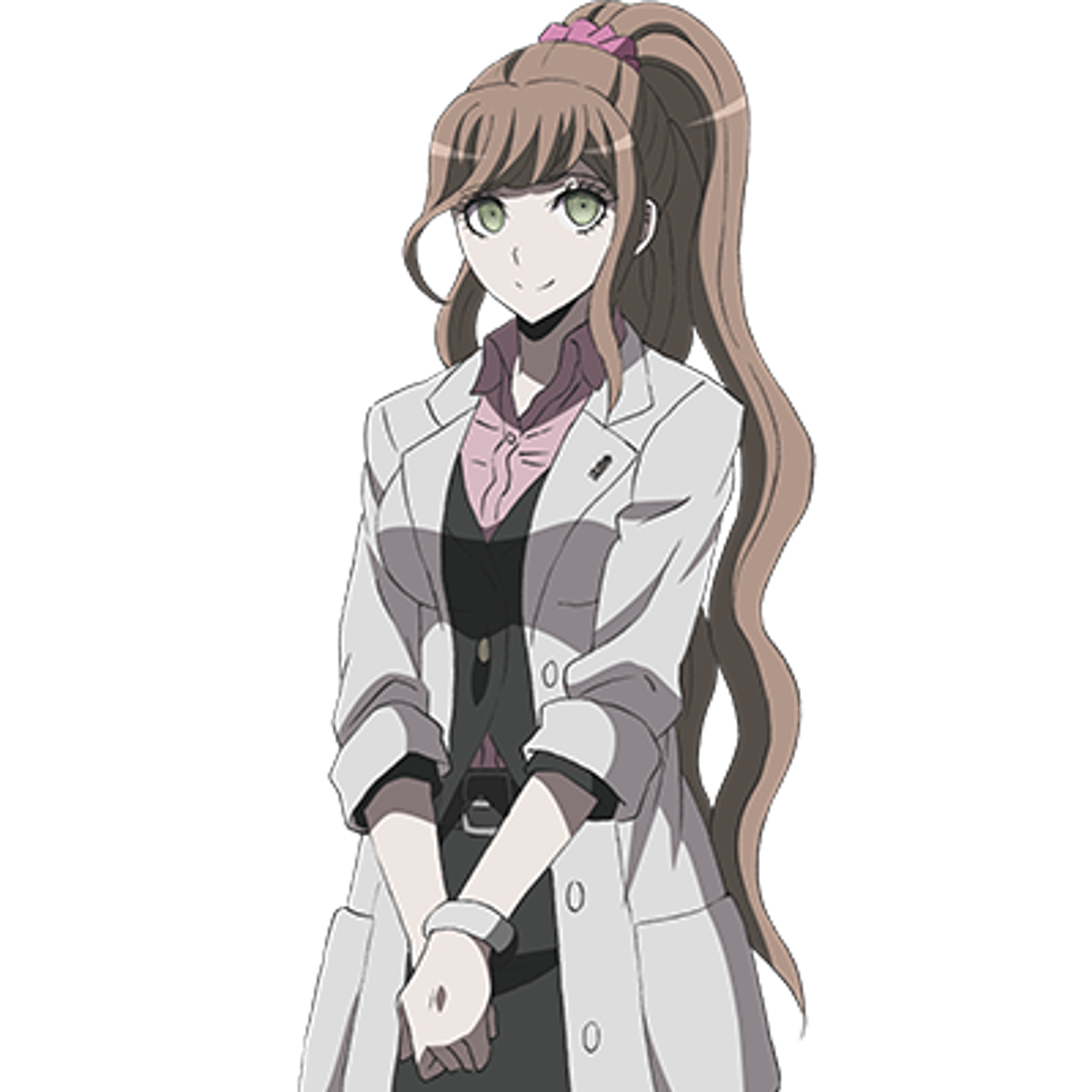 An anime-style character with long, light-colored hair in a ponytail, wearing a white uniform with a red tie.