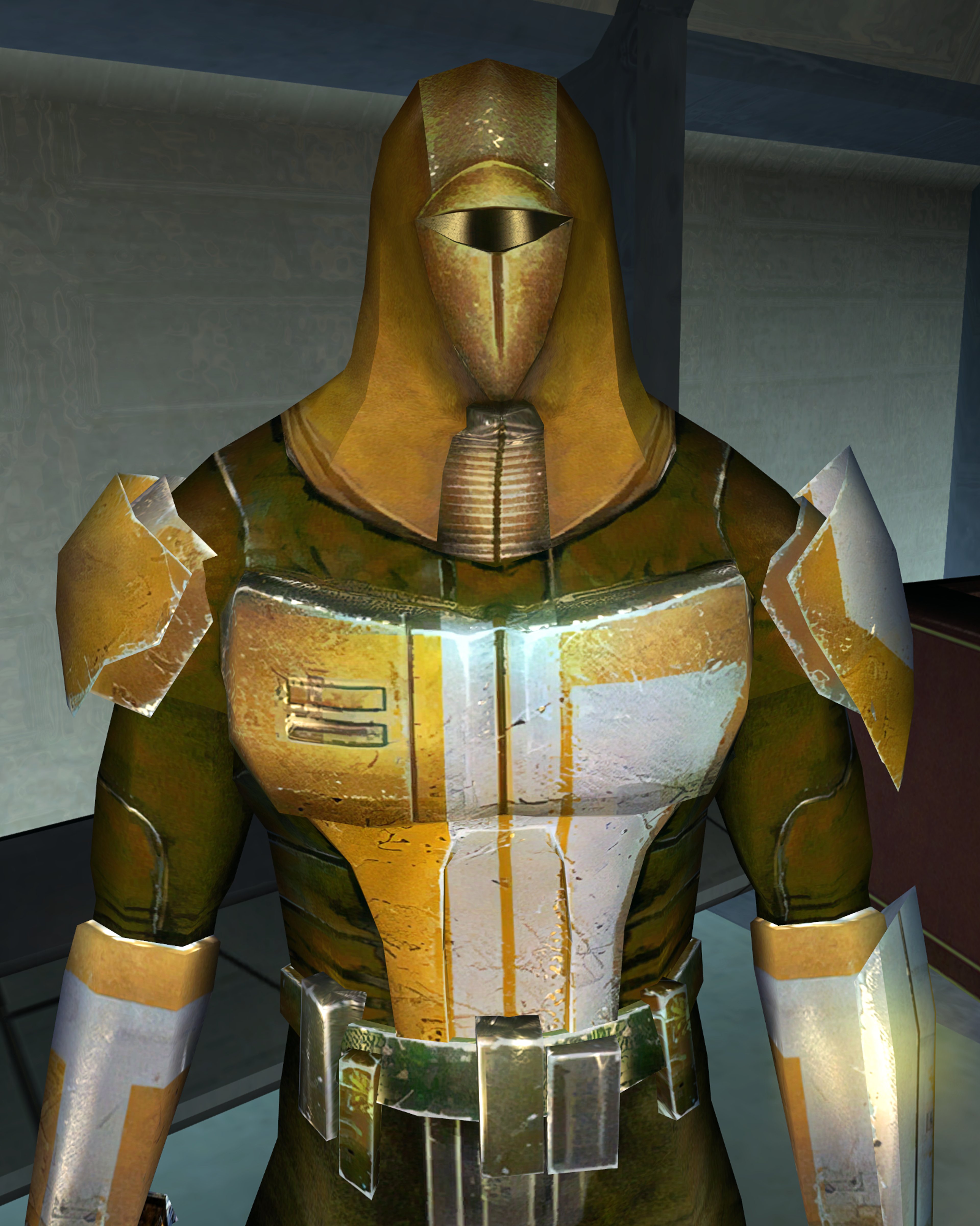 A heavily armored and muscular humanoid warrior figure wearing a golden helmet with a T-shaped visor.