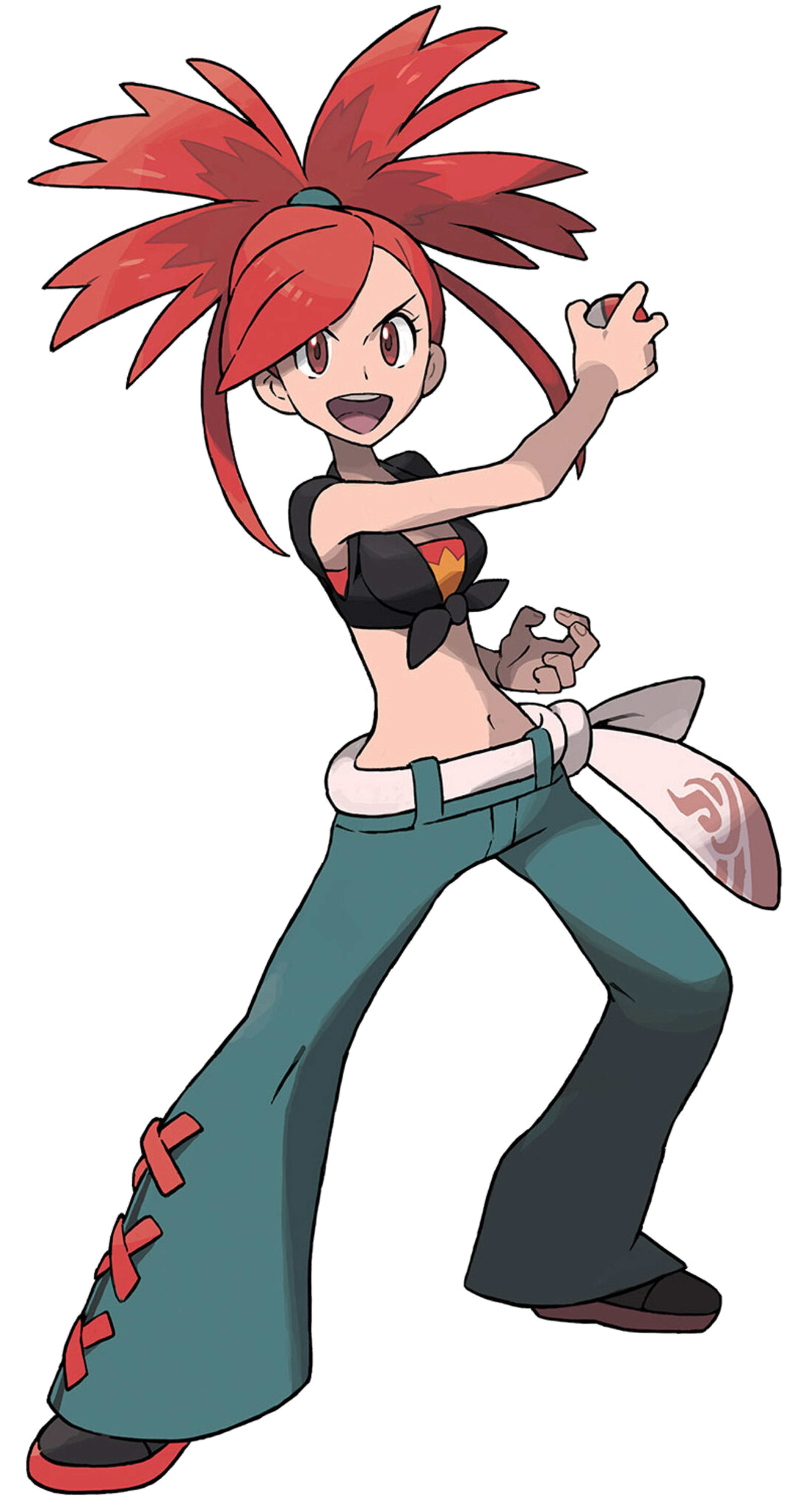 A young woman with red hair in a dynamic pose, wearing a black crop top and patterned pants.